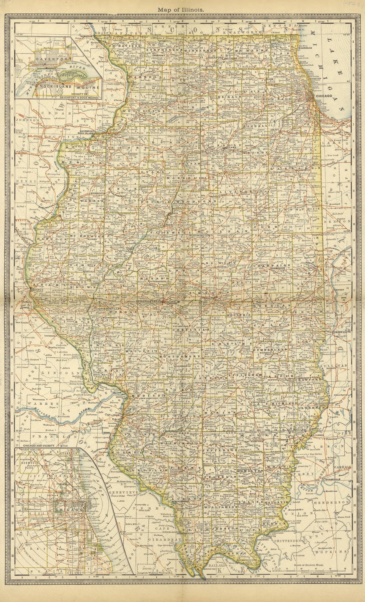 Map of Illinois from Historical Hand-atlas, Illustrated, Containing Large Scale Copper Plate Maps of Each State and Territory of the United States, and the Provinces of Canada, Together With a Complete Reference Map of the World, … 1882 by Relic Map Company