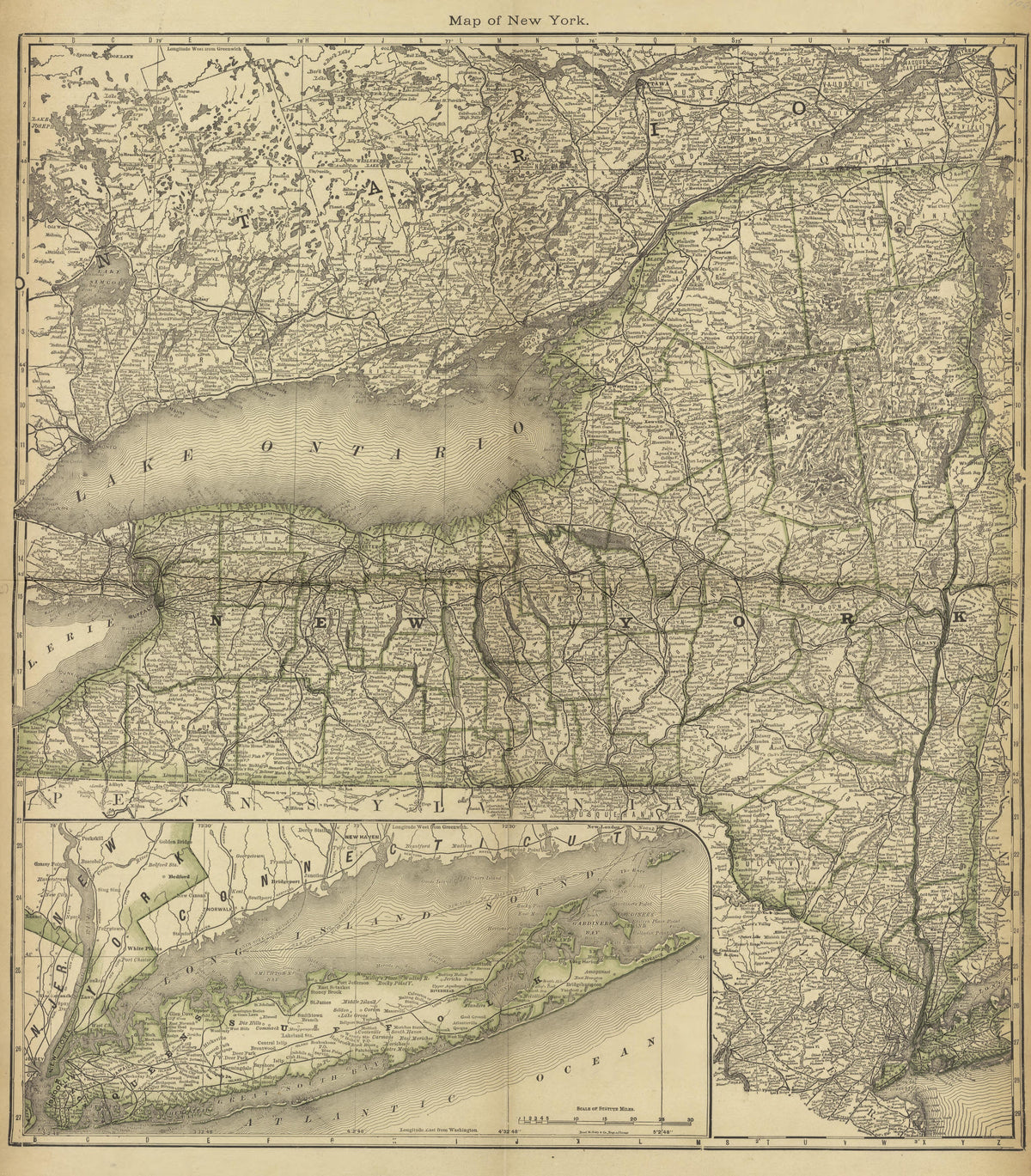 Map of New York from Historical Hand-atlas, Illustrated, Containing Large Scale Copper Plate Maps of Each State and Territory of the United States, and the Provinces of Canada, Together With a Complete Reference Map of the World, … 1882 by Relic Map Company