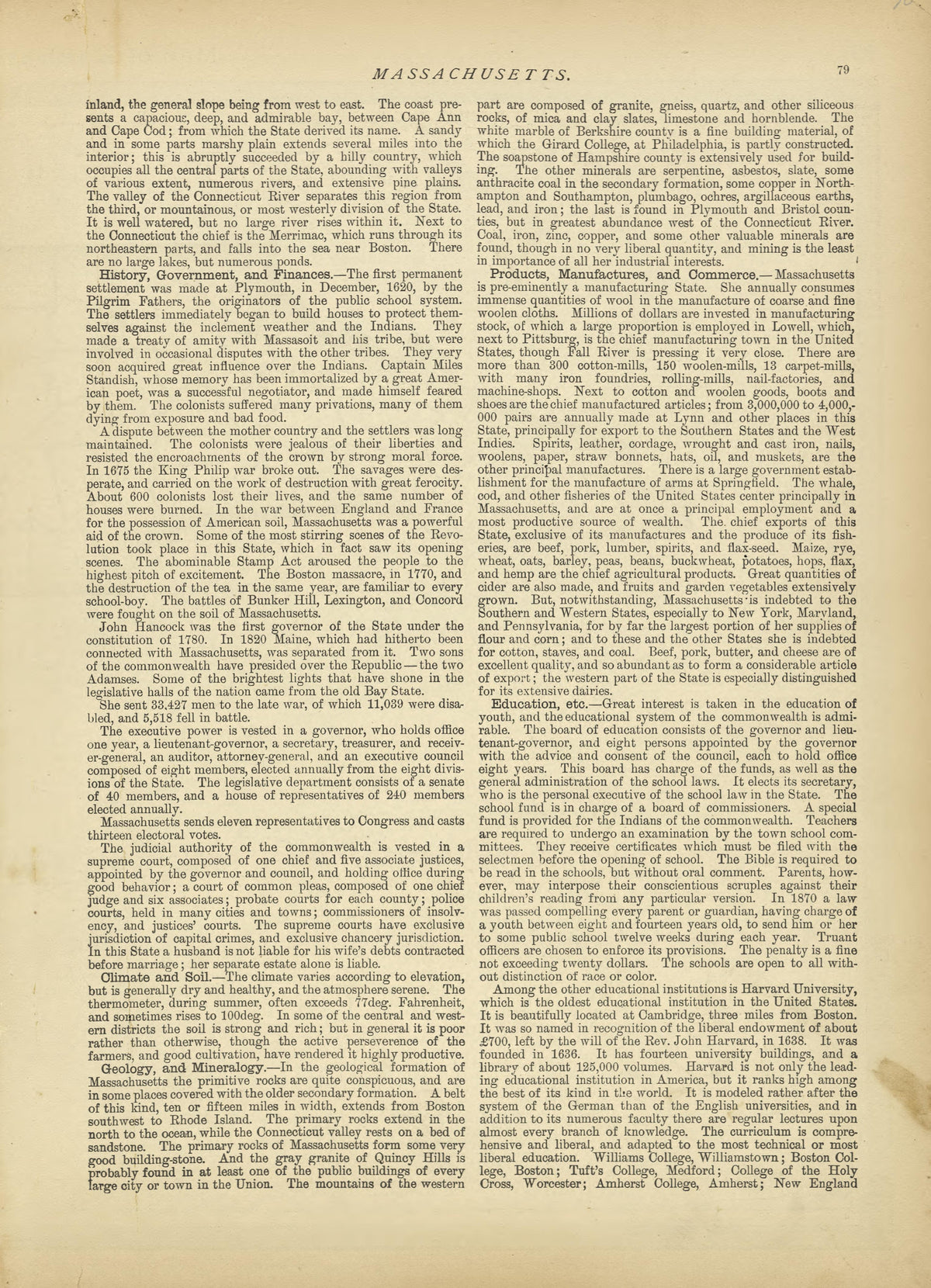 Massachusetts - Continued from Historical Hand-atlas, Illustrated, Containing Large Scale Copper Plate Maps of Each State and Territory of the United States, and the Provinces of Canada, Together With a Complete Reference Map of the World, … 1882 by Relic Map Company