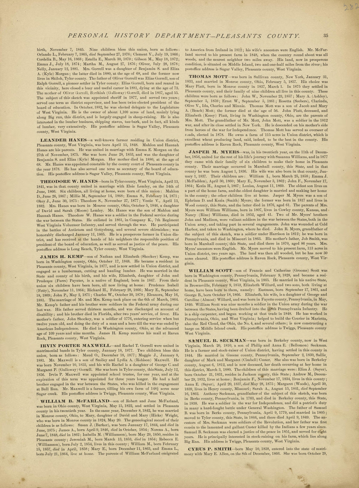 Personal History Department of Pleasants County - Continued from Historical Hand-atlas, Illustrated, Containing Large Scale Copper Plate Maps of Each State and Territory of the United States, and the Provinces of Canada, Together With a Complete Refer... by Relic Map Company