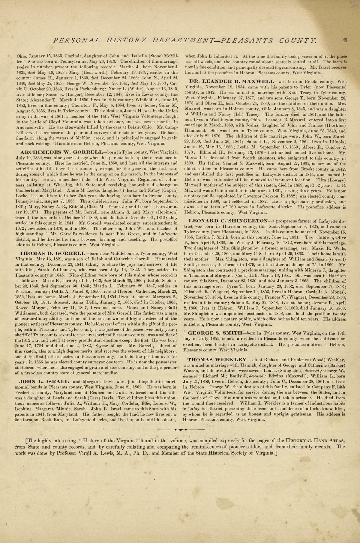 Personal History Department of Pleasants County - Continued from Historical Hand-atlas, Illustrated, Containing Large Scale Copper Plate Maps of Each State and Territory of the United States, and the Provinces of Canada, Together With a Complete Refer... by Relic Map Company