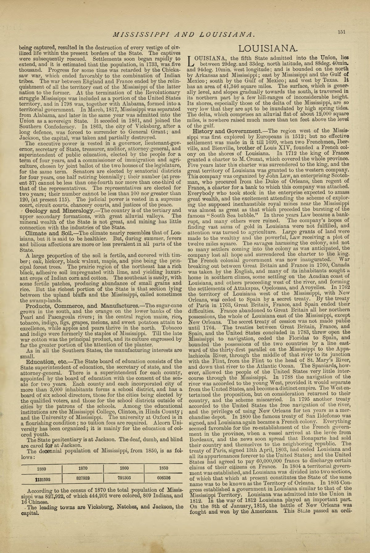 Mississippi - Continued, Louisiana from Historical Hand-atlas, Illustrated, Containing Large Scale Copper Plate Maps of Each State and Territory of the United States, and the Provinces of Canada, Together With a Complete Reference Map of the World, �... by Relic Map Company