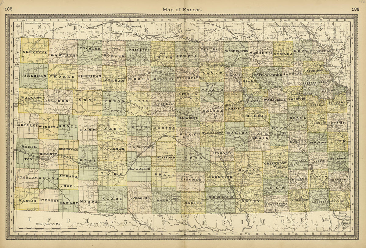 Map of Kansas from Historical Hand-atlas, Illustrated, Containing Large Scale Copper Plate Maps of Each State and Territory of the United States, and the Provinces of Canada, Together With a Complete Reference Map of the World, … 1882 by Relic Map Company