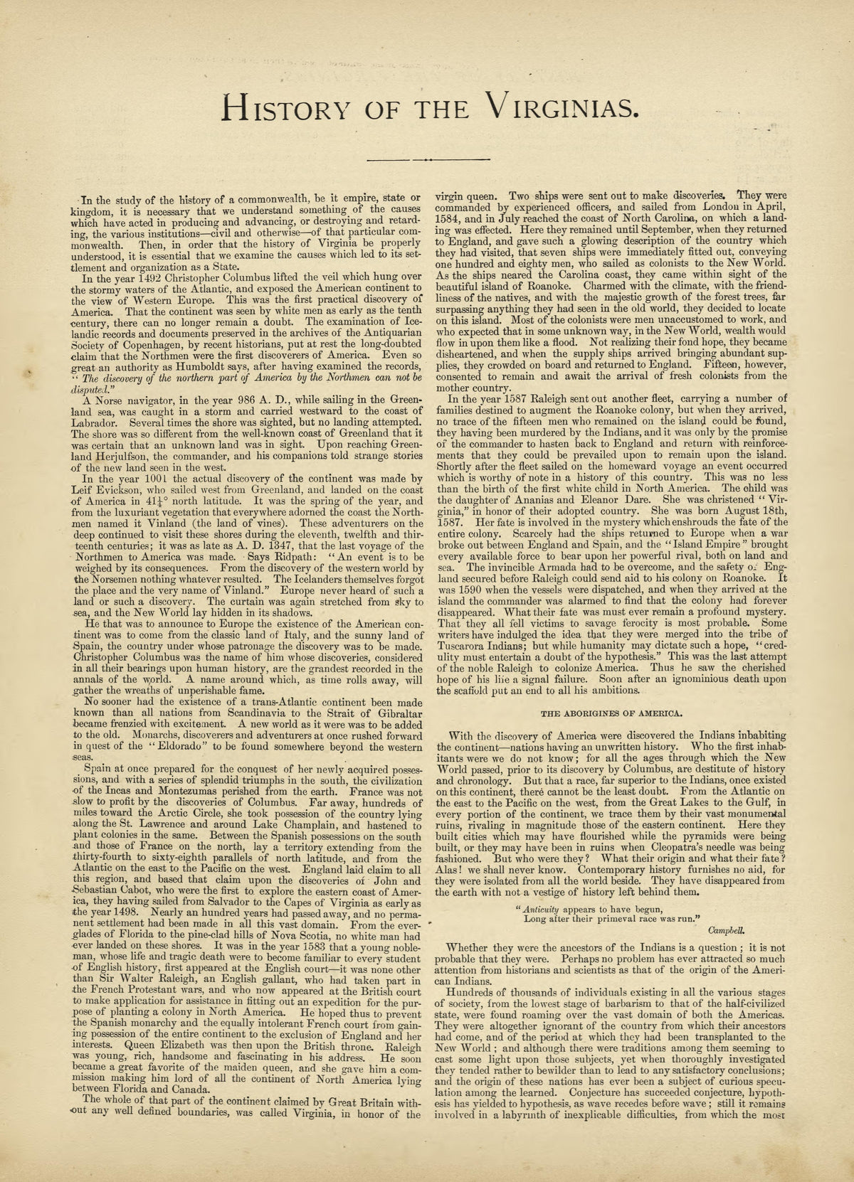 History of the Virginias from Historical Hand-atlas, Illustrated, Containing Large Scale Copper Plate Maps of Each State and Territory of the United States, and the Provinces of Canada, Together With a Complete Reference Map of the World, … 1882 by Relic Map Company