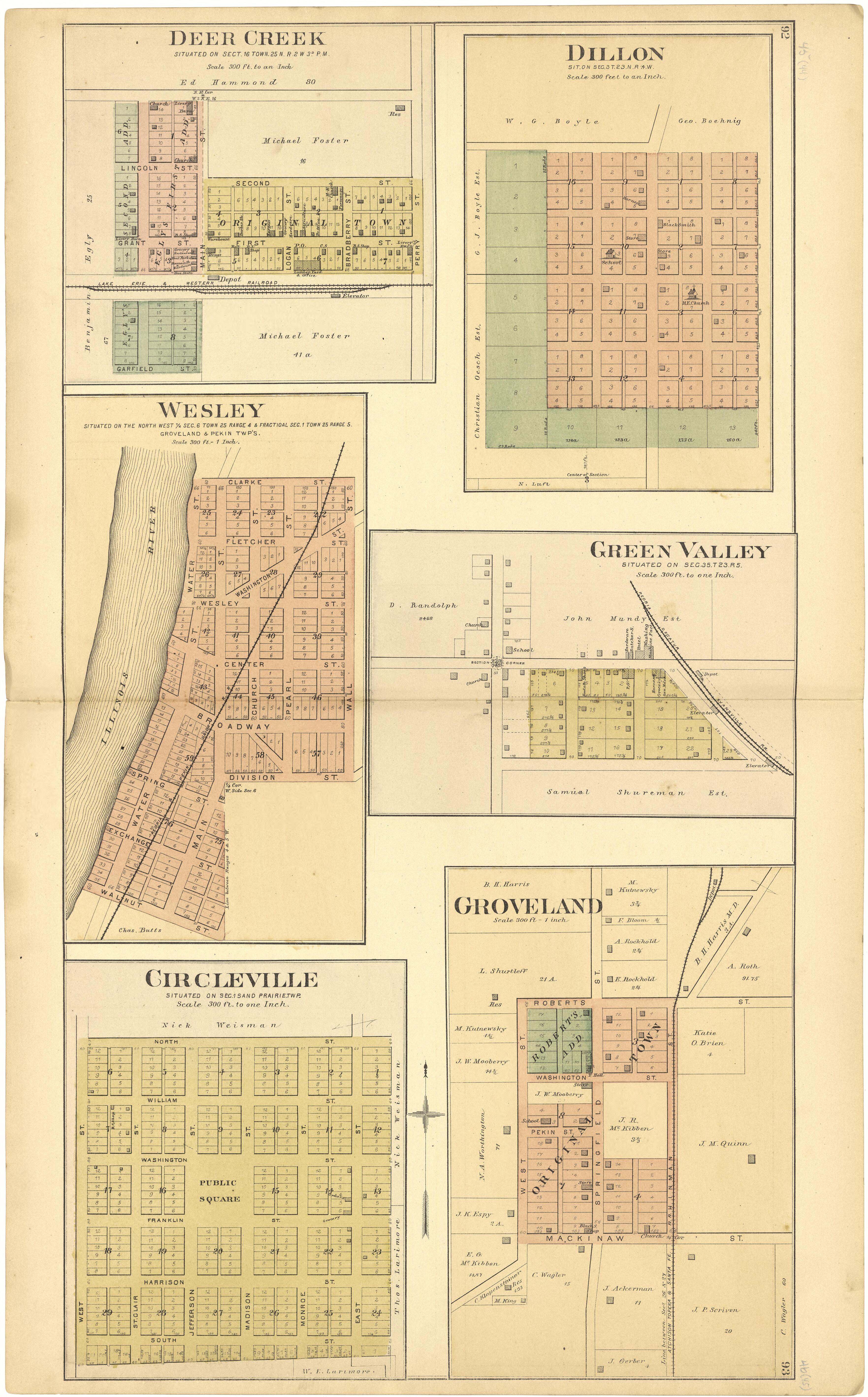 Deer Creek; Dillon; Wesley; Green Valley; Circleville; Groveland from Plat Book of Tazewell County, Illinois 1891 by Relic Map Company