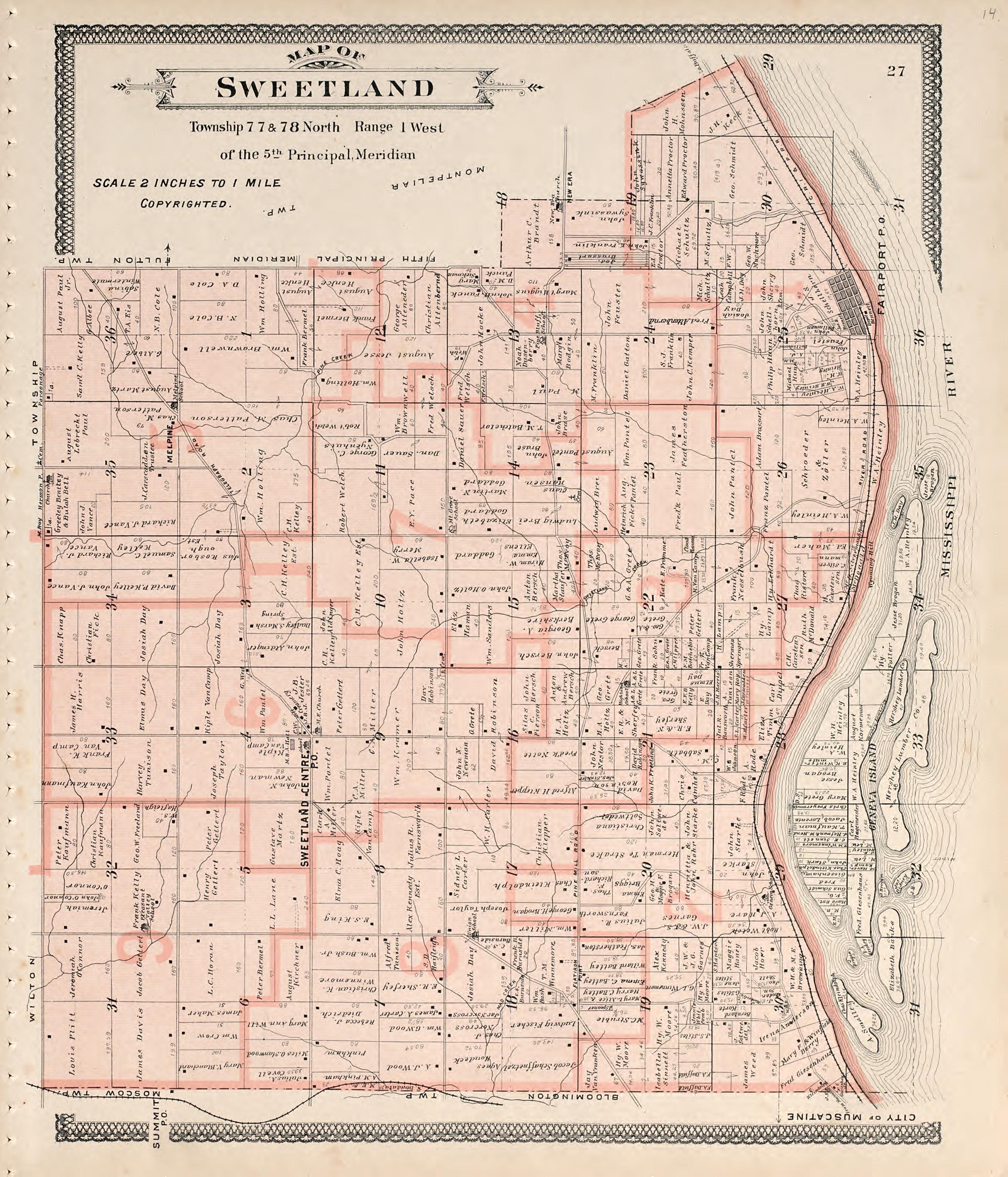 Map of Sweetland from Atlas of Muscatine County, Iowa : Containing Maps of Villages, Cities and Townships of the County, Maps of State, United States and World : Farmers Directory, Business Directory, General Information, Analysis of … 1899 by Relic Map Company