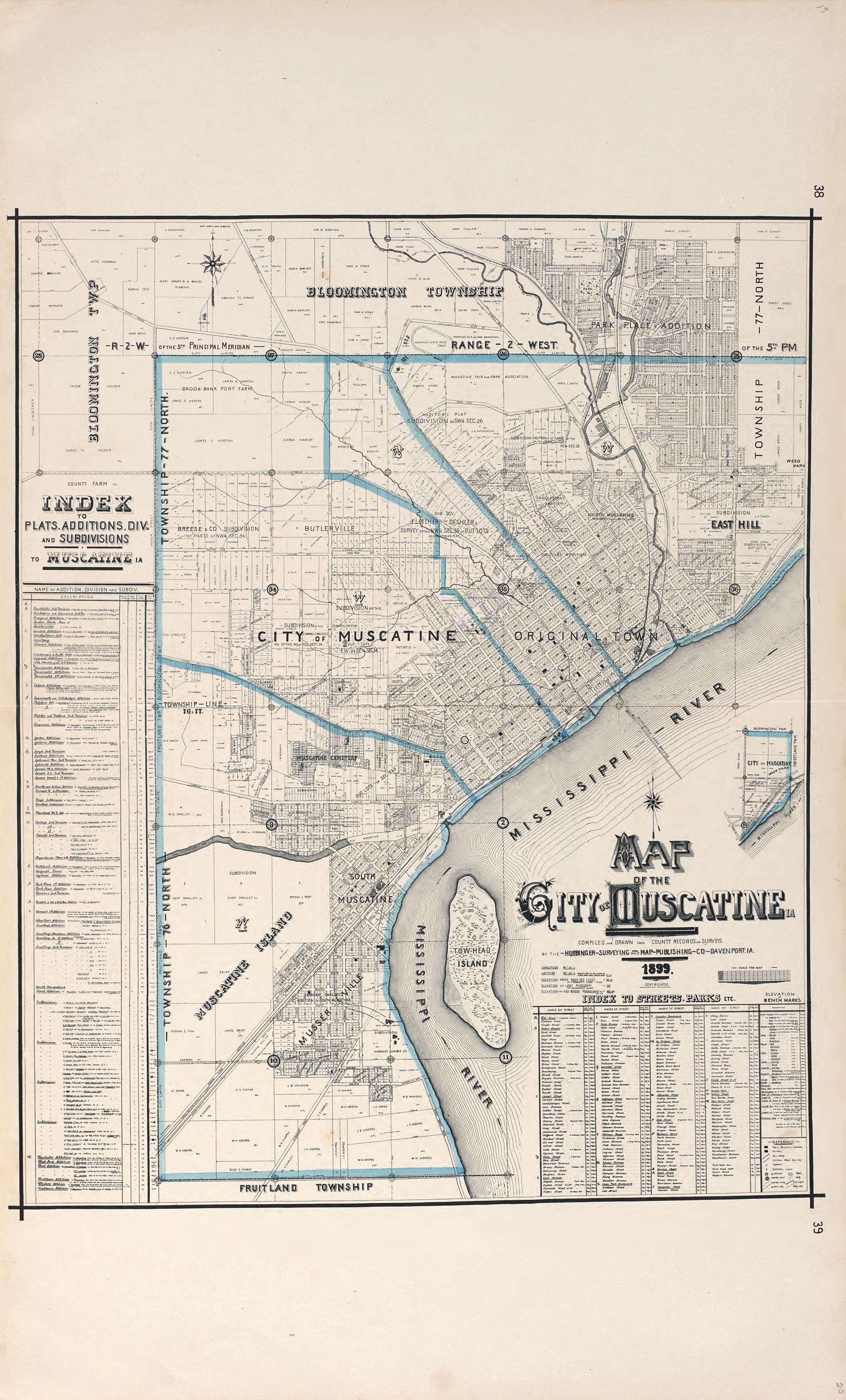 Map of the City of Muscatine from Atlas of Muscatine County, Iowa : Containing Maps of Villages, Cities and Townships of the County, Maps of State, United States and World : Farmers Directory, Business Directory, General Information, Analysis of … 1899 by Relic Map Company