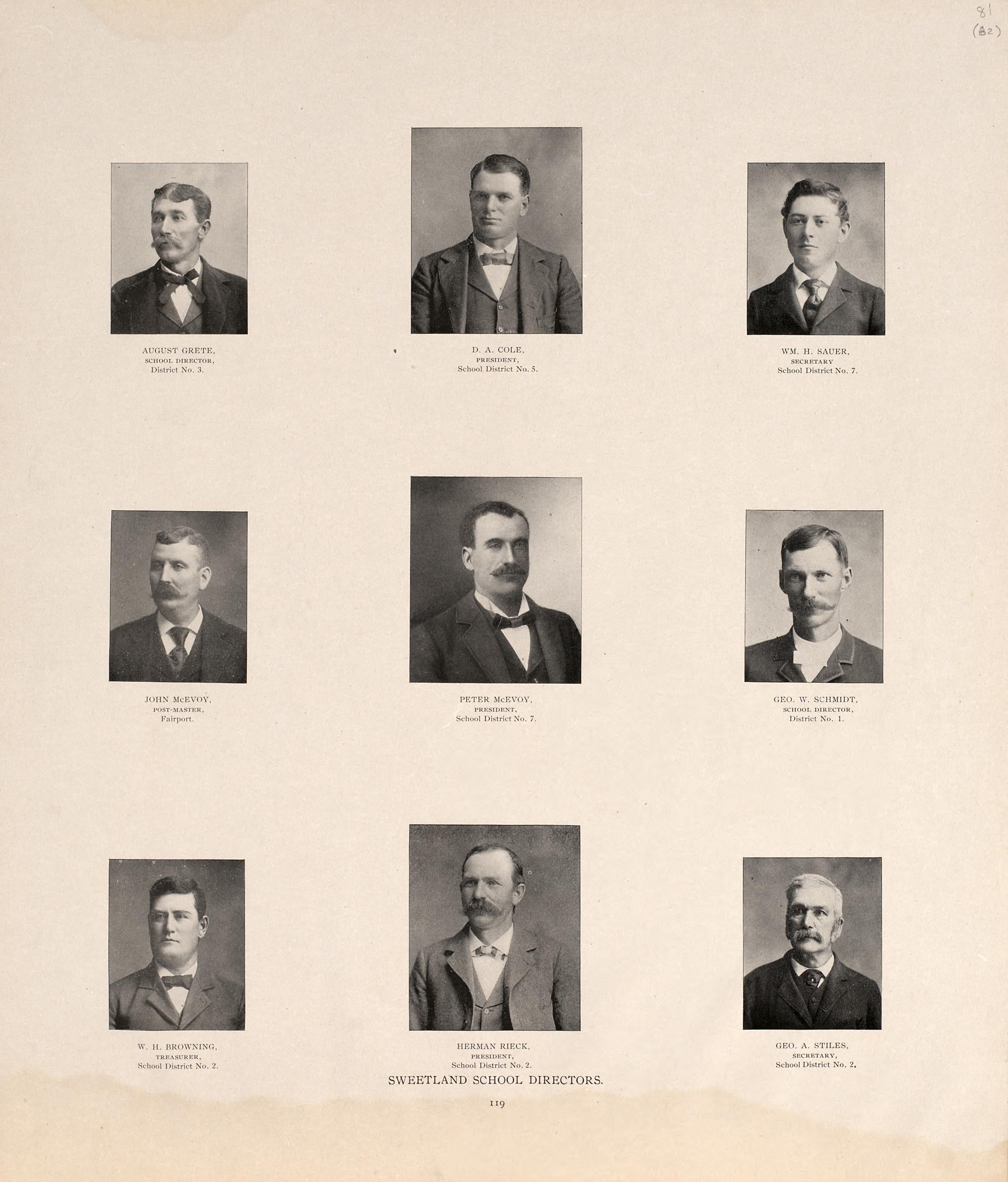 Sweetland School Directors from Atlas of Muscatine County, Iowa : Containing Maps of Villages, Cities and Townships of the County, Maps of State, United States and World : Farmers Directory, Business Directory, General Information, Analysis of … 1899 by Relic Map Company