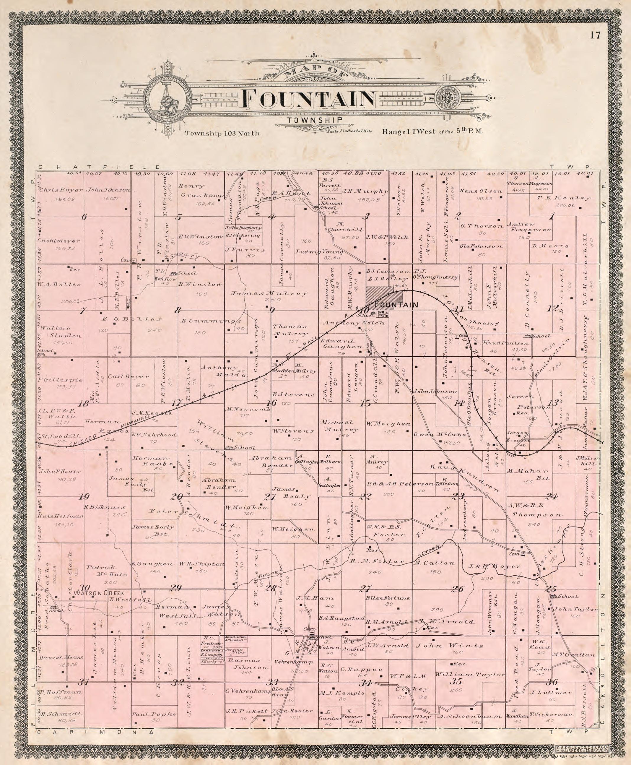 Fountain Township from Standard Atlas of Fillmore County, Minnesota : Including a Plat Book of the Villages, Cities and Townships of the County, Map of the State, United States and World : Farmers Directory, Reference … 1896 by Relic Map Company
