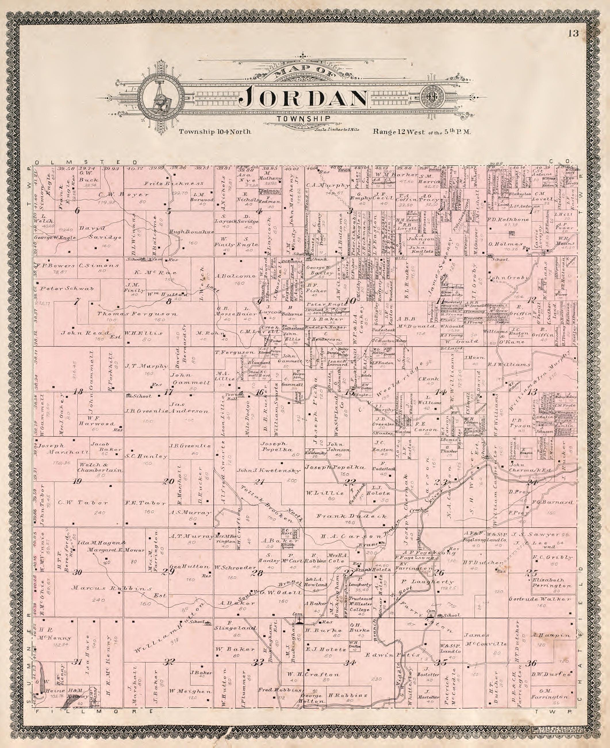 Jordan Township from Standard Atlas of Fillmore County, Minnesota : Including a Plat Book of the Villages, Cities and Townships of the County, Map of the State, United States and World : Farmers Directory, Reference … 1896 by Relic Map Company