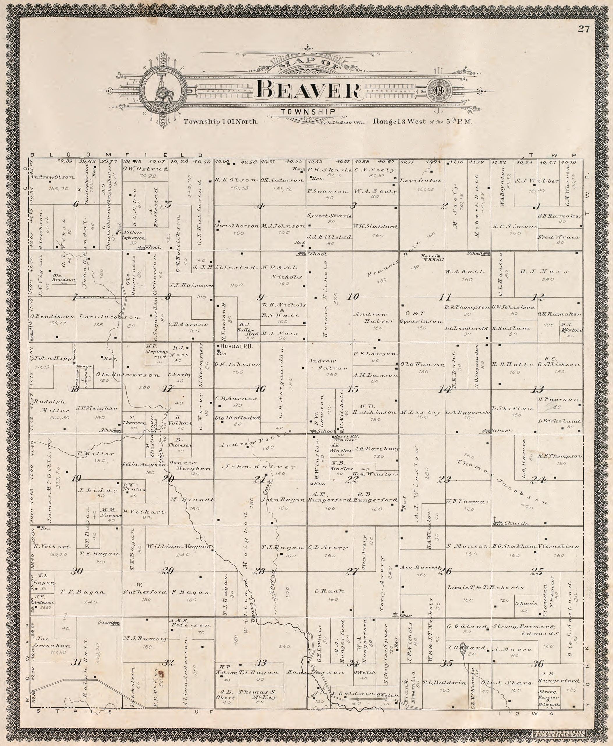 Beaver Township from Standard Atlas of Fillmore County, Minnesota : Including a Plat Book of the Villages, Cities and Townships of the County, Map of the State, United States and World : Farmers Directory, Reference … 1896 by Relic Map Company