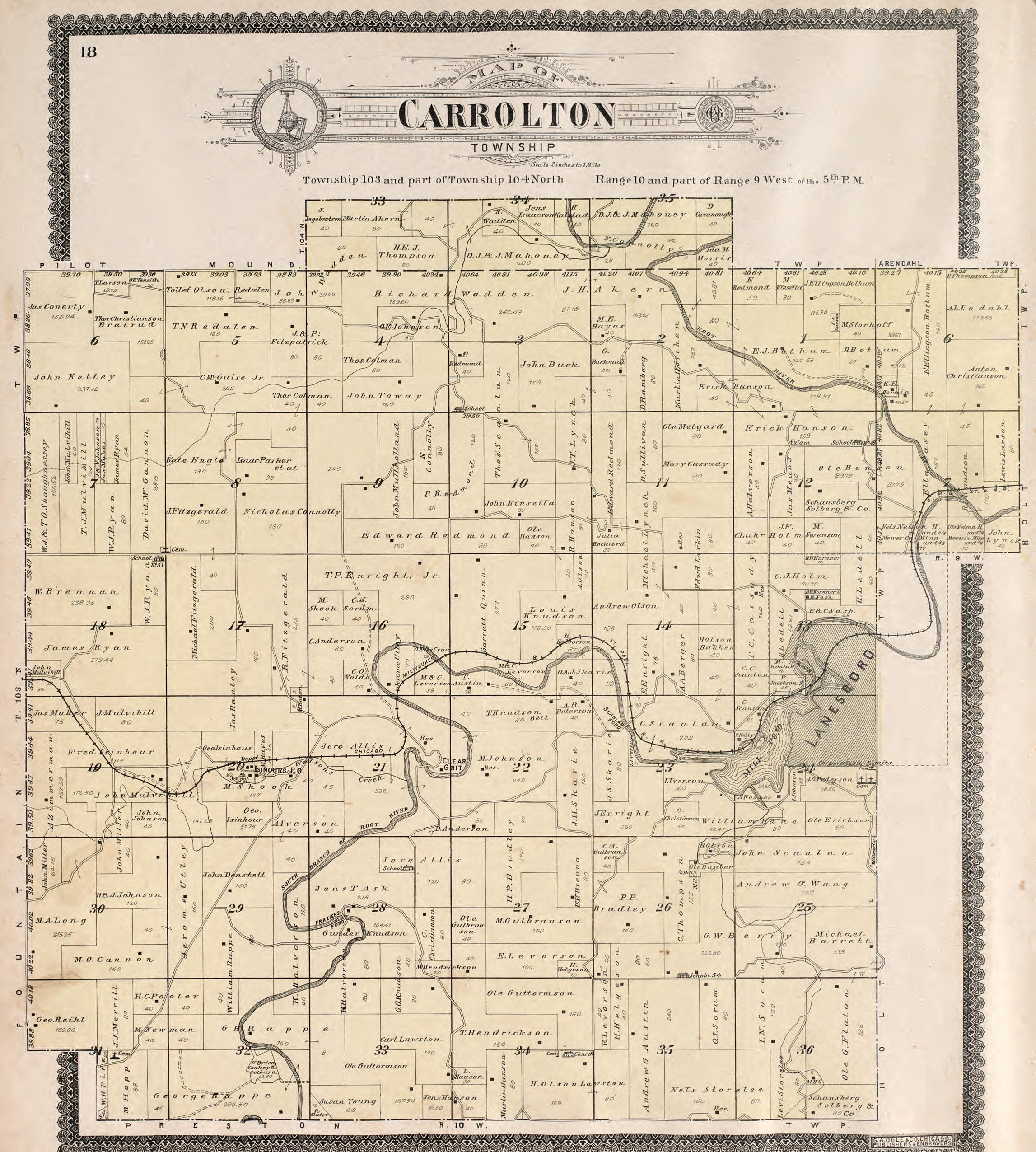 Carrolton Township from Standard Atlas of Fillmore County, Minnesota : Including a Plat Book of the Villages, Cities and Townships of the County, Map of the State, United States and World : Farmers Directory, Reference … 1896 by Relic Map Company