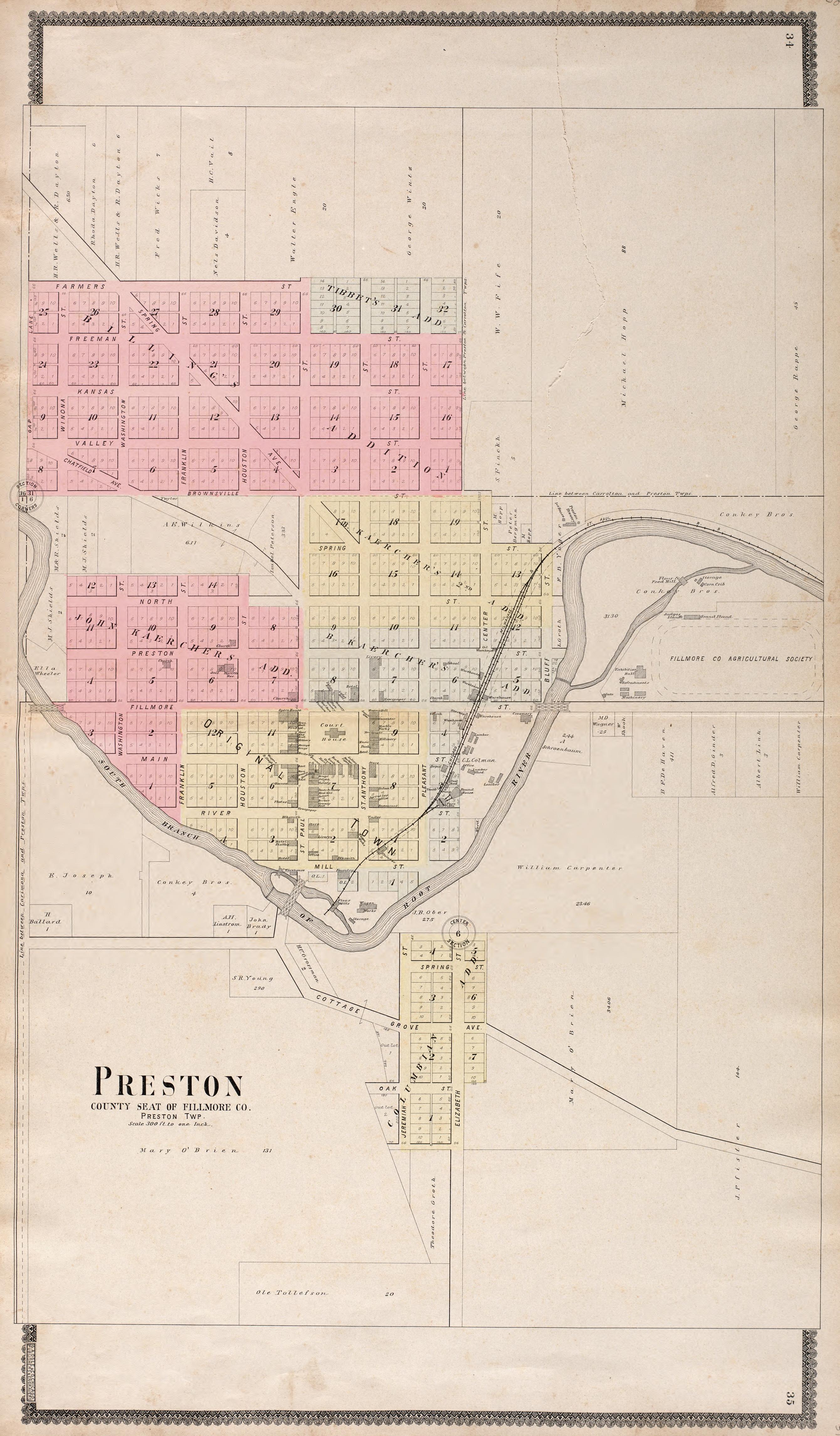 Preston, County Seat of Fillimore County from Standard Atlas of Fillmore County, Minnesota : Including a Plat Book of the Villages, Cities and Townships of the County, Map of the State, United States and World : Farmers Directory, Reference … 1896 by Relic Map Company