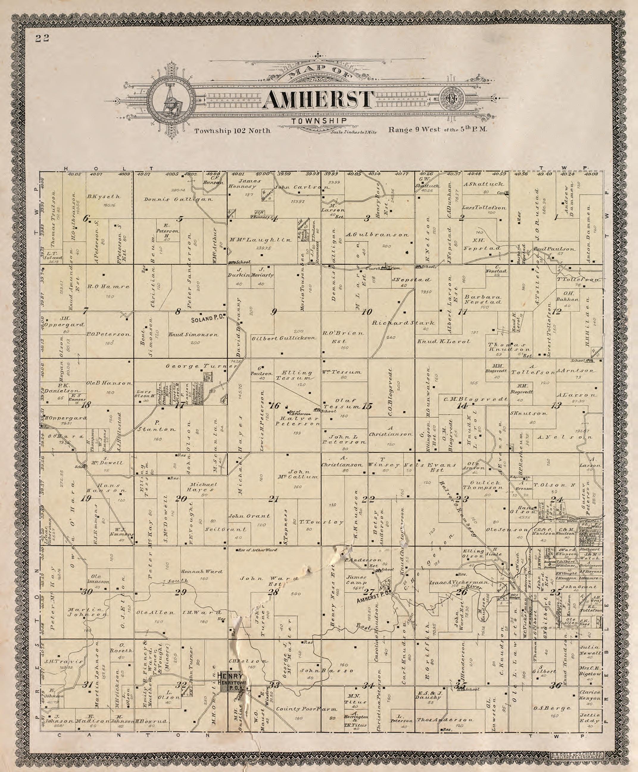 Amherst Township from Standard Atlas of Fillmore County, Minnesota : Including a Plat Book of the Villages, Cities and Townships of the County, Map of the State, United States and World : Farmers Directory, Reference … 1896 by Relic Map Company