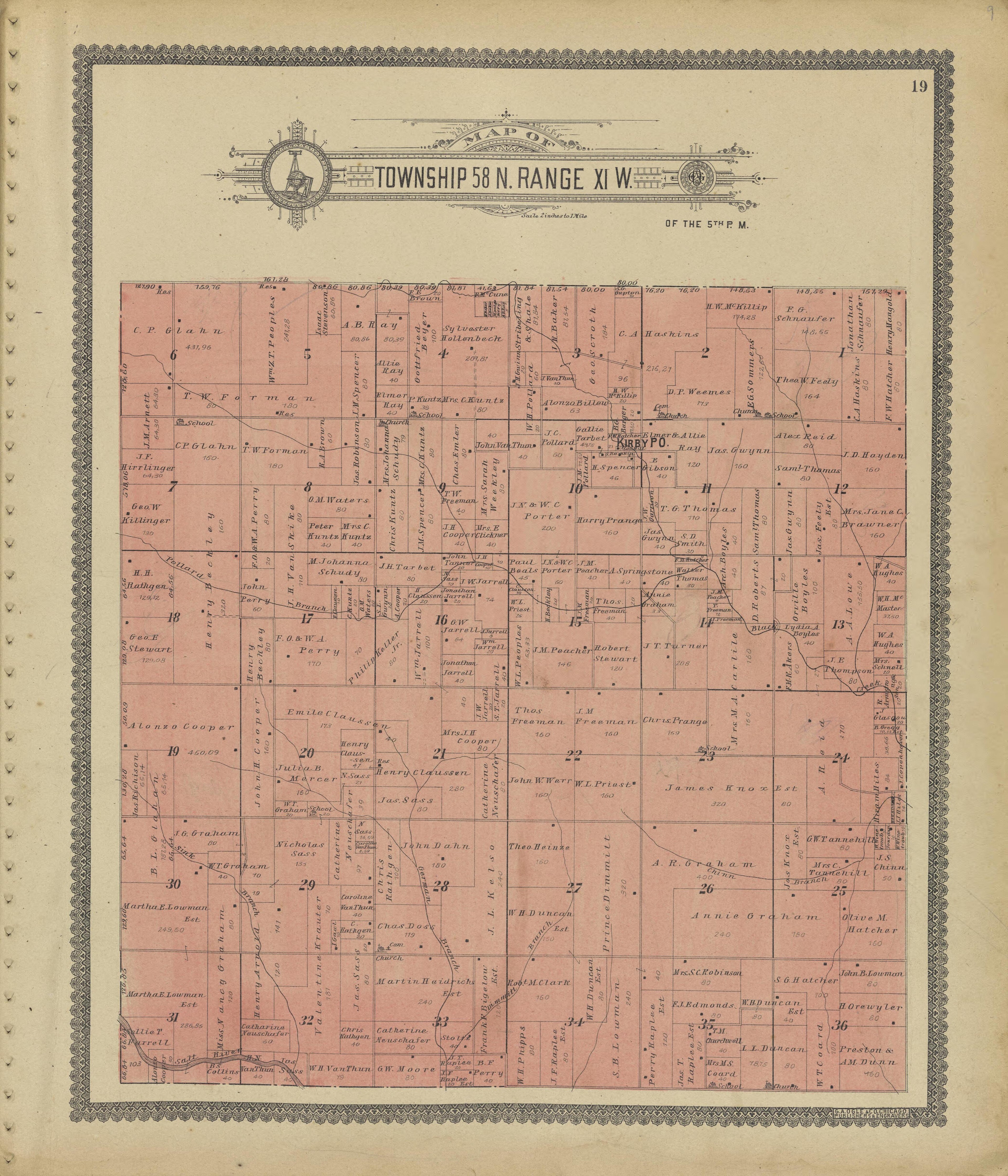 Map of Township 58 N. Range XI. W. from Standard Atlas of Shelby County, Missouri : Including a Plat Book of the Villages, Cities and Townships of the County, Map of the State, United States and World, Patrons Directory, Reference Business … 1902 by Relic Map Company