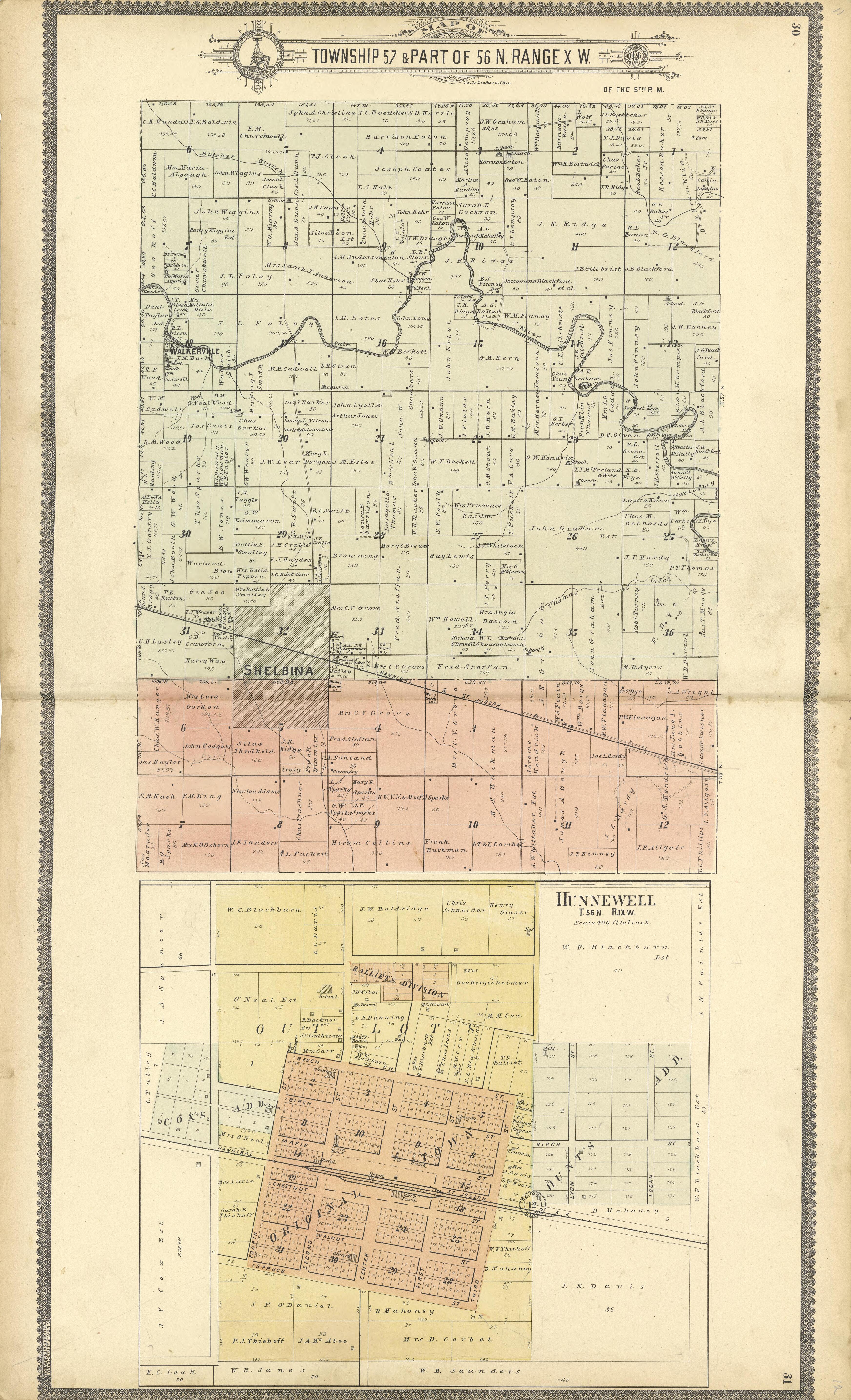 Map of Township 57 & Part of 56 N. Range X W.; Hunnewell from Standard Atlas of Shelby County, Missouri : Including a Plat Book of the Villages, Cities and Townships of the County, Map of the State, United States and World, Patrons Directory, Referenc... by Relic Map Company
