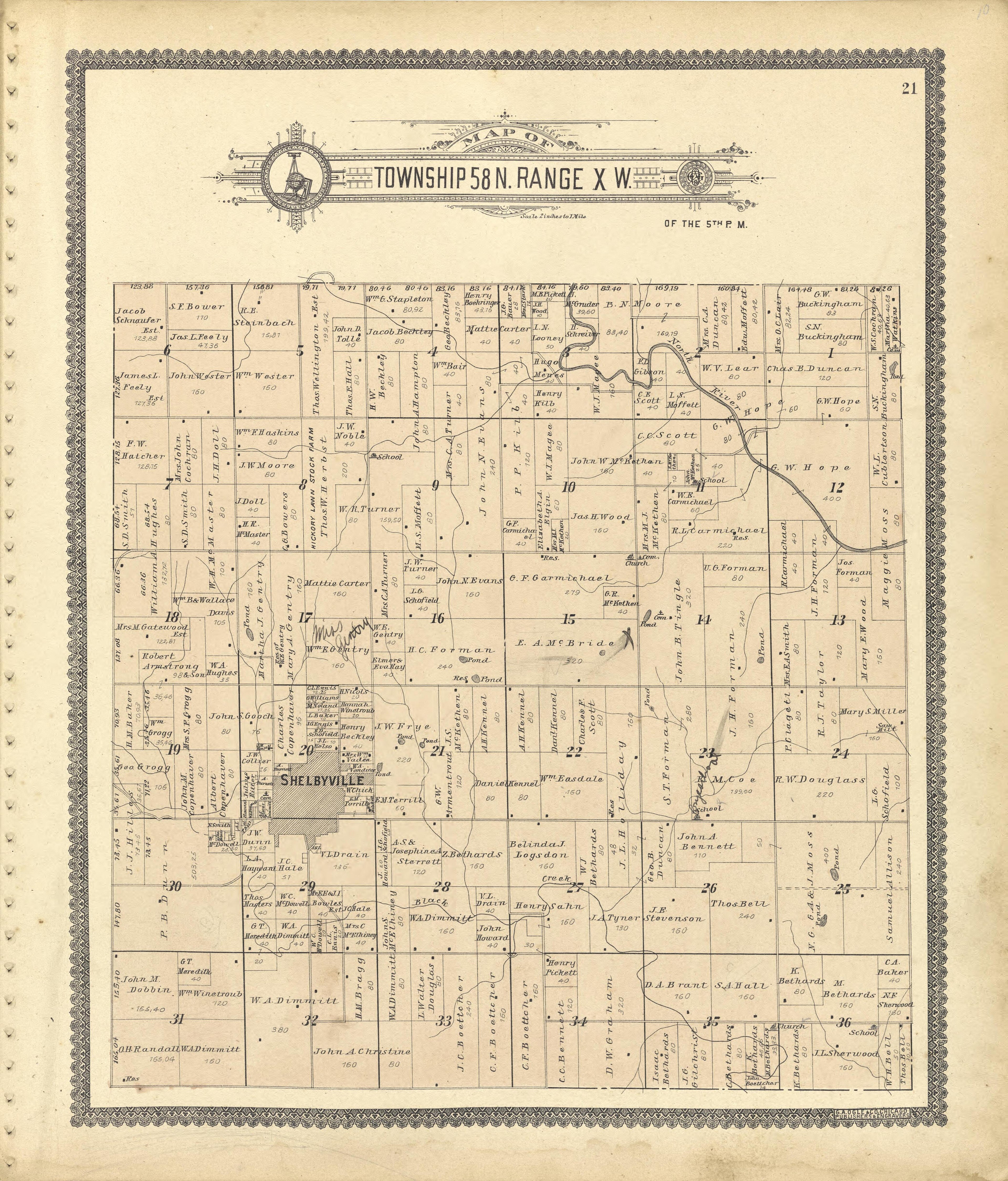 Map of Township 58 N. Range X. W. from Standard Atlas of Shelby County, Missouri : Including a Plat Book of the Villages, Cities and Townships of the County, Map of the State, United States and World, Patrons Directory, Reference Business … 1902 by Relic Map Company