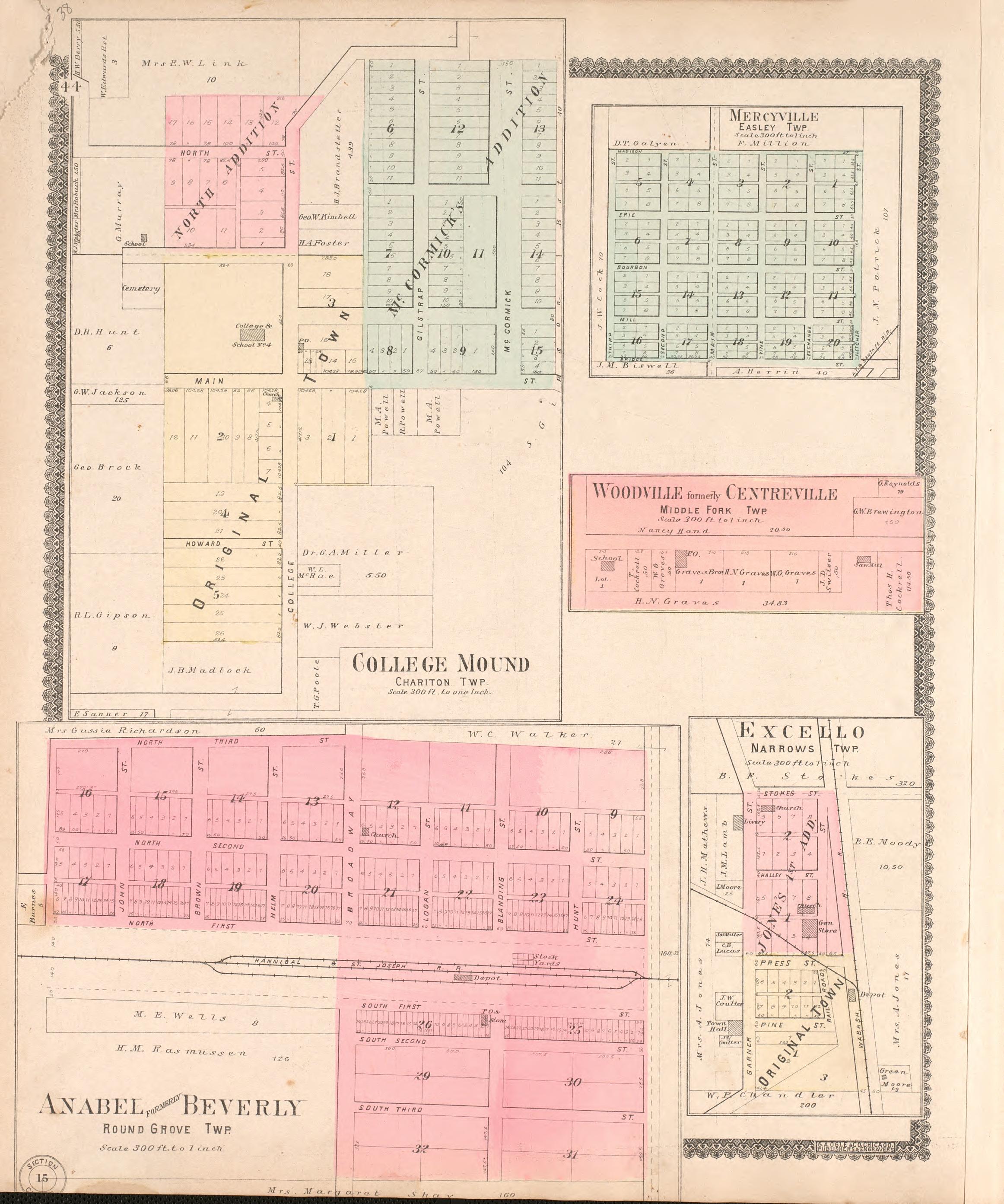 College Mound, Mercyville, Excello, Etc. from Standard Atlas of Macon County, Missouri : Including a Plat Book of the Villages, Cities and Townships of the County, Map of the State, United States and World : Farmers Directory, Reference … 1897 by Relic Map Company
