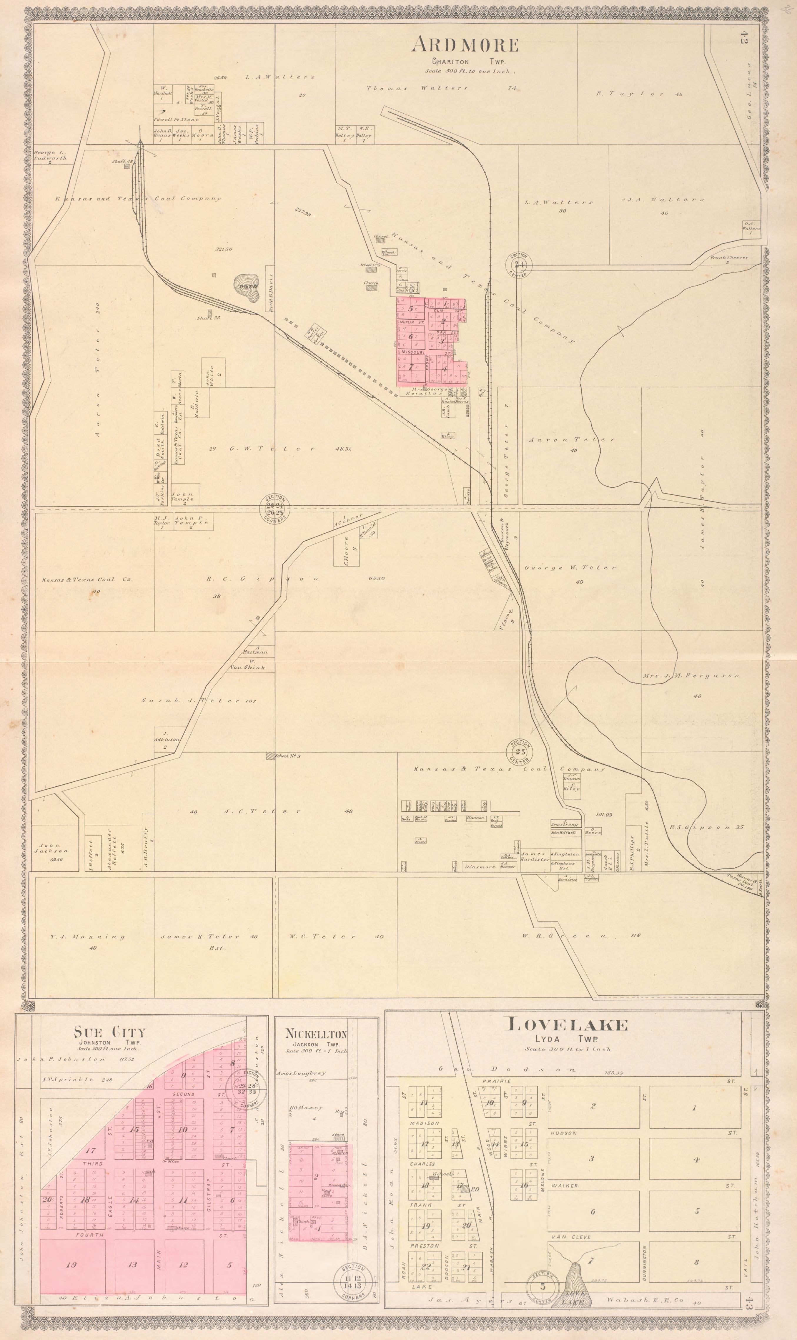 Ardmore, Sue City, & Lovelake Regions from Standard Atlas of Macon County, Missouri : Including a Plat Book of the Villages, Cities and Townships of the County, Map of the State, United States and World : Farmers Directory, Reference … 1897 by Relic Map Company