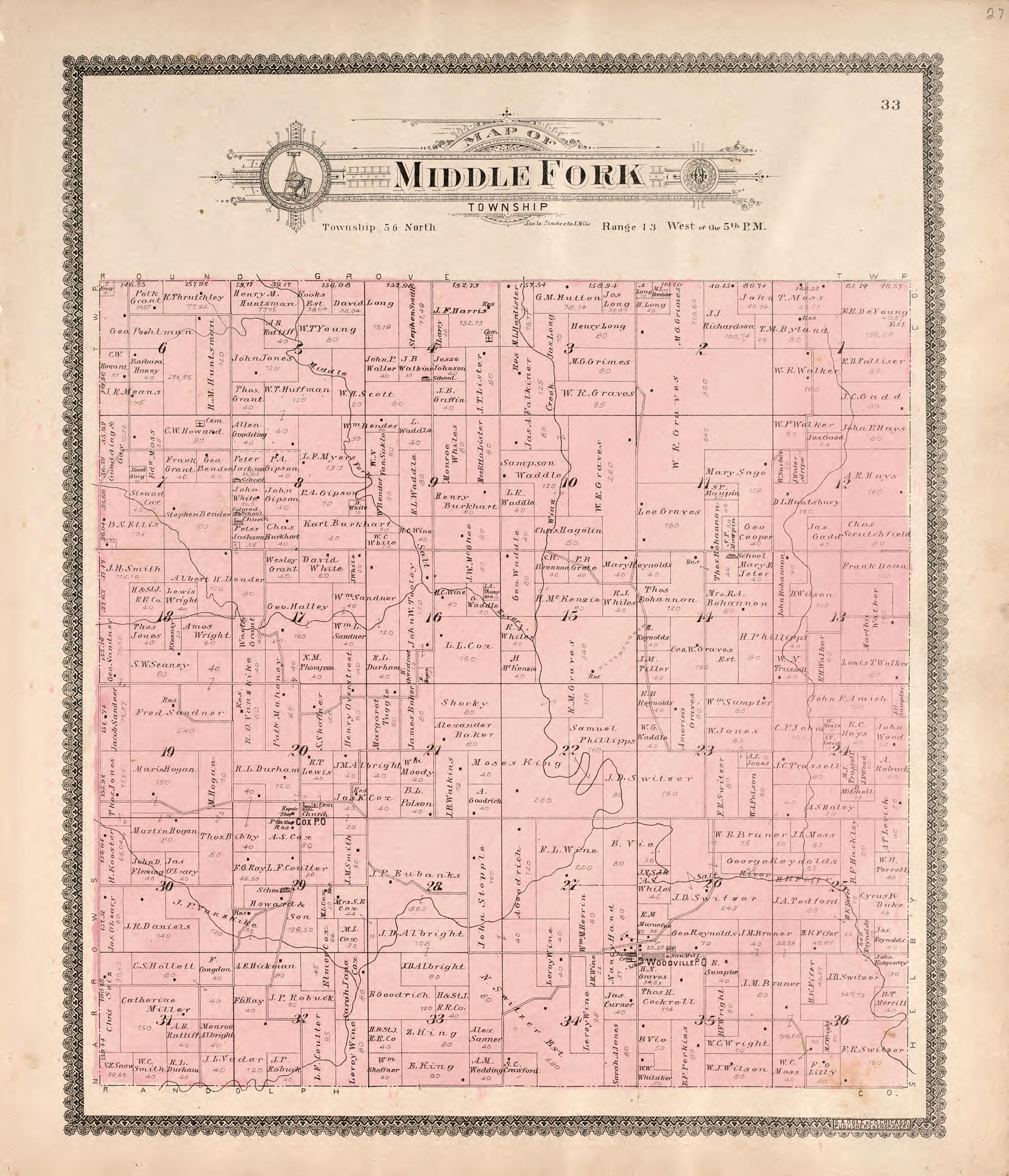 Middle Fork Township from Standard Atlas of Macon County, Missouri : Including a Plat Book of the Villages, Cities and Townships of the County, Map of the State, United States and World : Farmers Directory, Reference … 1897 by Relic Map Company