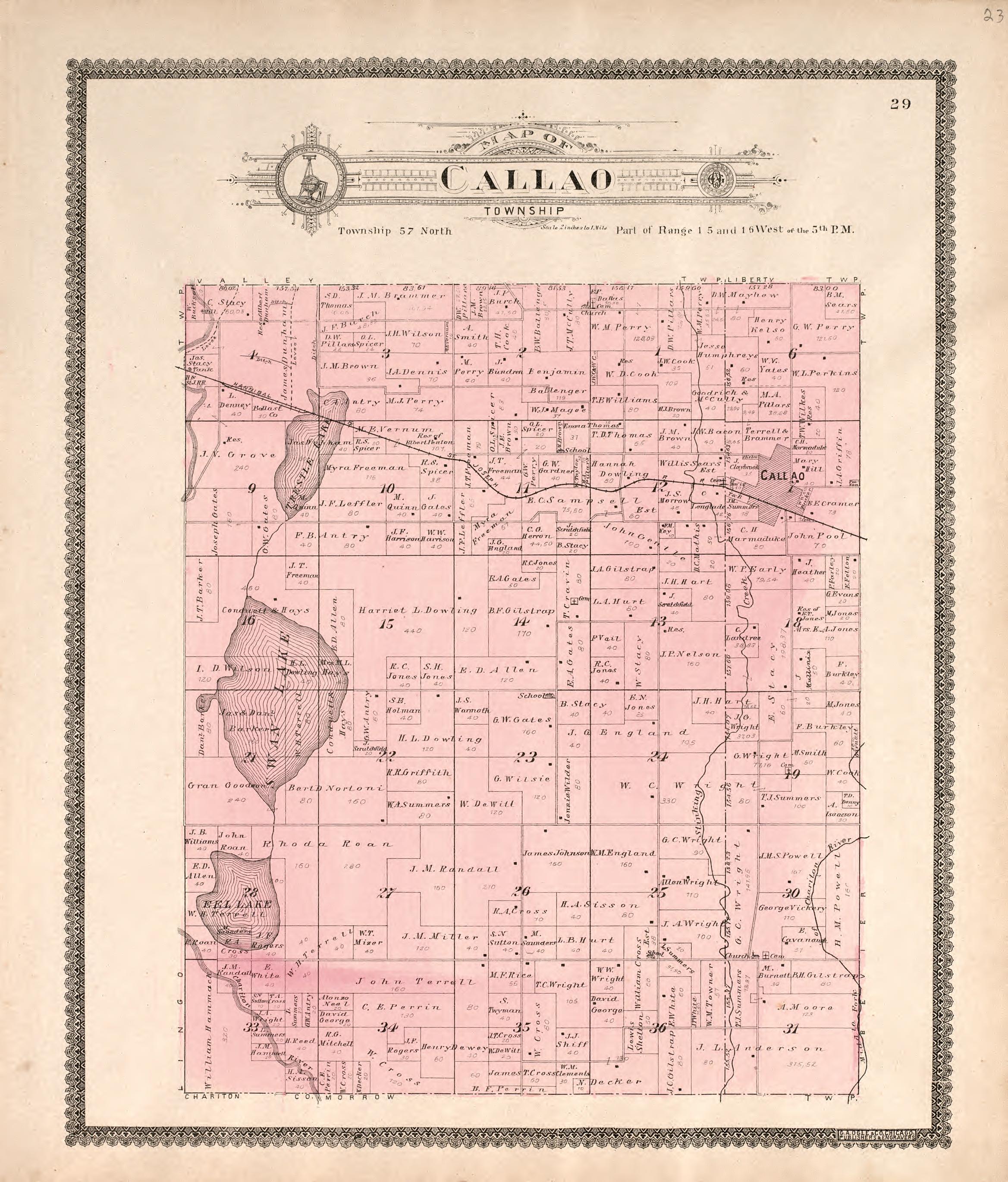 Callao Township from Standard Atlas of Macon County, Missouri : Including a Plat Book of the Villages, Cities and Townships of the County, Map of the State, United States and World : Farmers Directory, Reference … 1897 by Relic Map Company