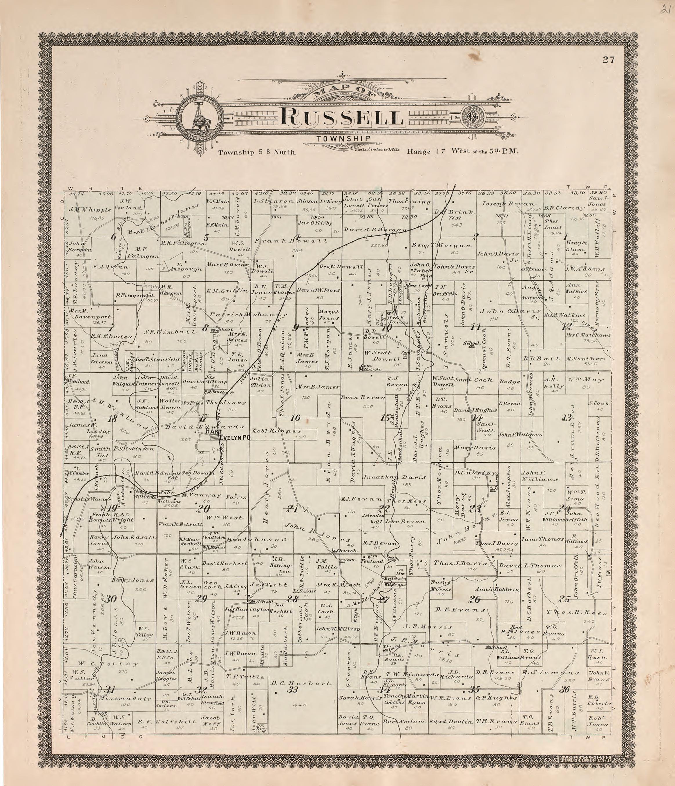 Russell Township from Standard Atlas of Macon County, Missouri : Including a Plat Book of the Villages, Cities and Townships of the County, Map of the State, United States and World : Farmers Directory, Reference … 1897 by Relic Map Company