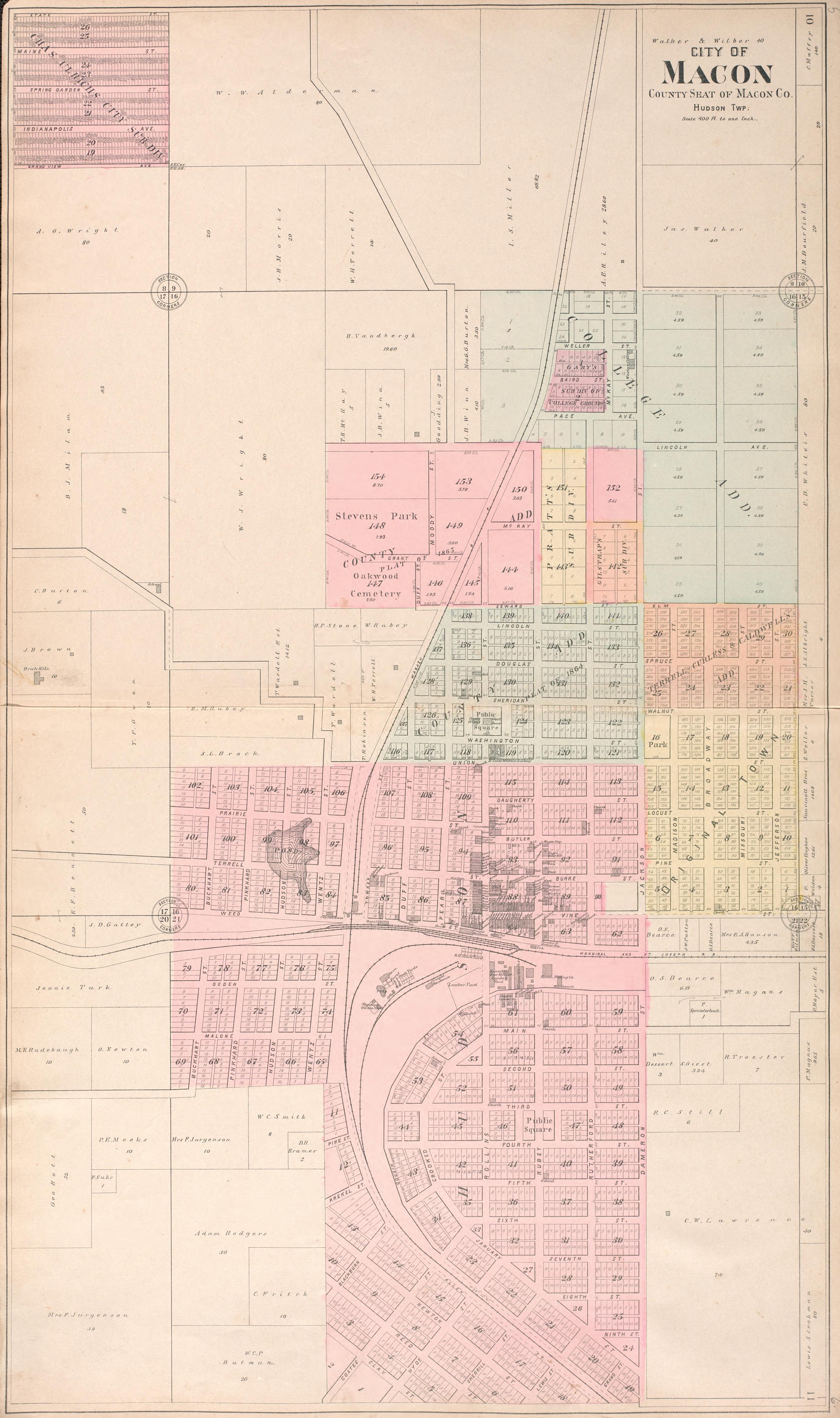 City of Macon from Standard Atlas of Macon County, Missouri : Including a Plat Book of the Villages, Cities and Townships of the County, Map of the State, United States and World : Farmers Directory, Reference … 1897 by Relic Map Company