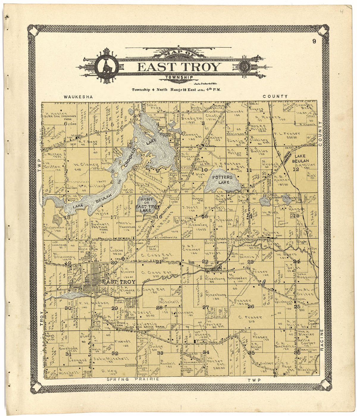 Map of East Troy Township from Standard Atlas of Walworth County, Wisconsin 1907 by Relic Map Company