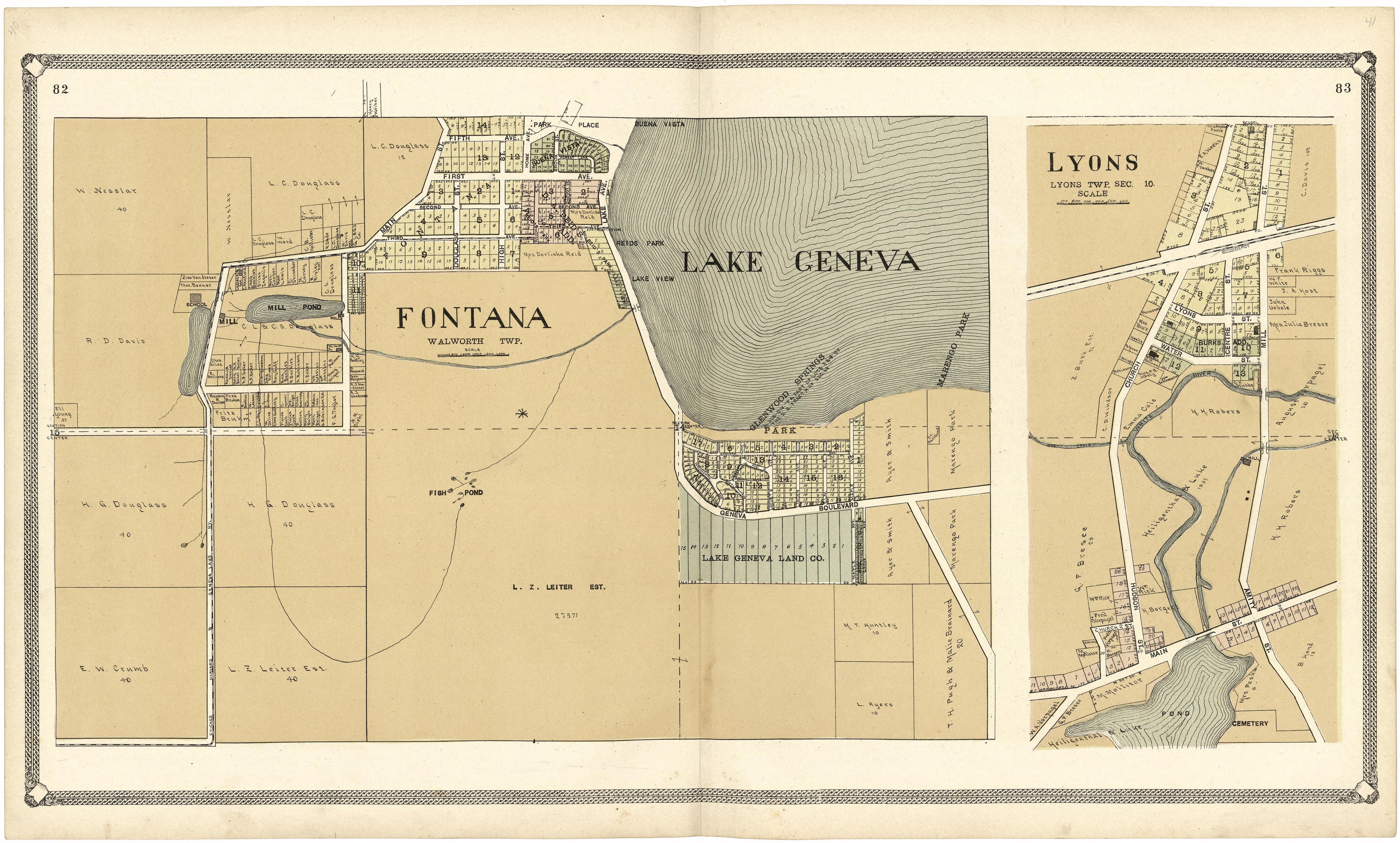 Fontana; Lake Geneva; Lyons from Standard Atlas of Walworth County, Wisconsin 1907 by Relic Map Company