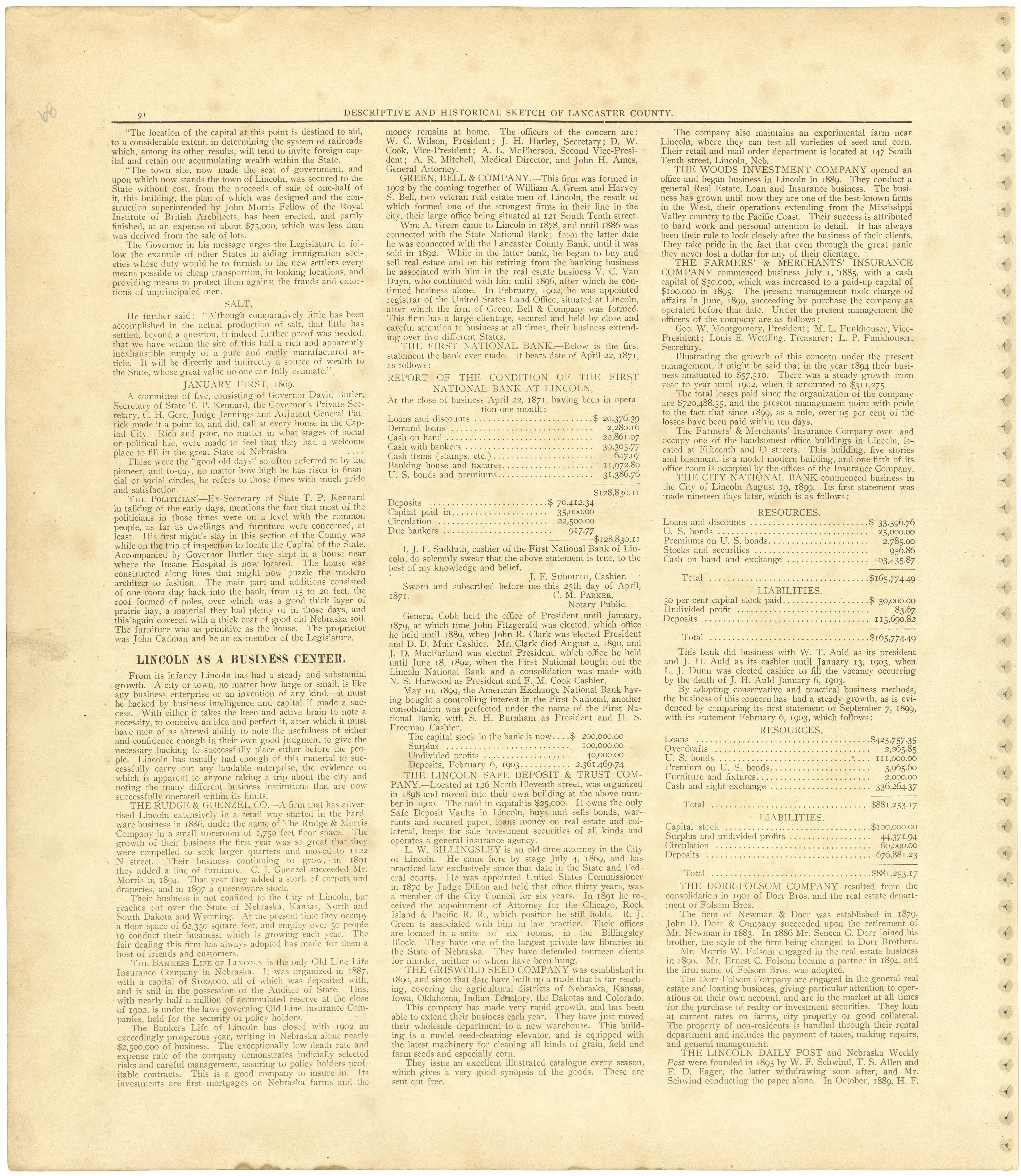 Descriptive and Historical Sketch of Lancaster County - Continued from Plat Book of Lancaster County, Nebraska : Containing Carefully Prepared Township Plats, Village Plats, Analysis of U.S. Land System, Leading Farmers Directory, Reminiscences of Old... by Relic Map Company