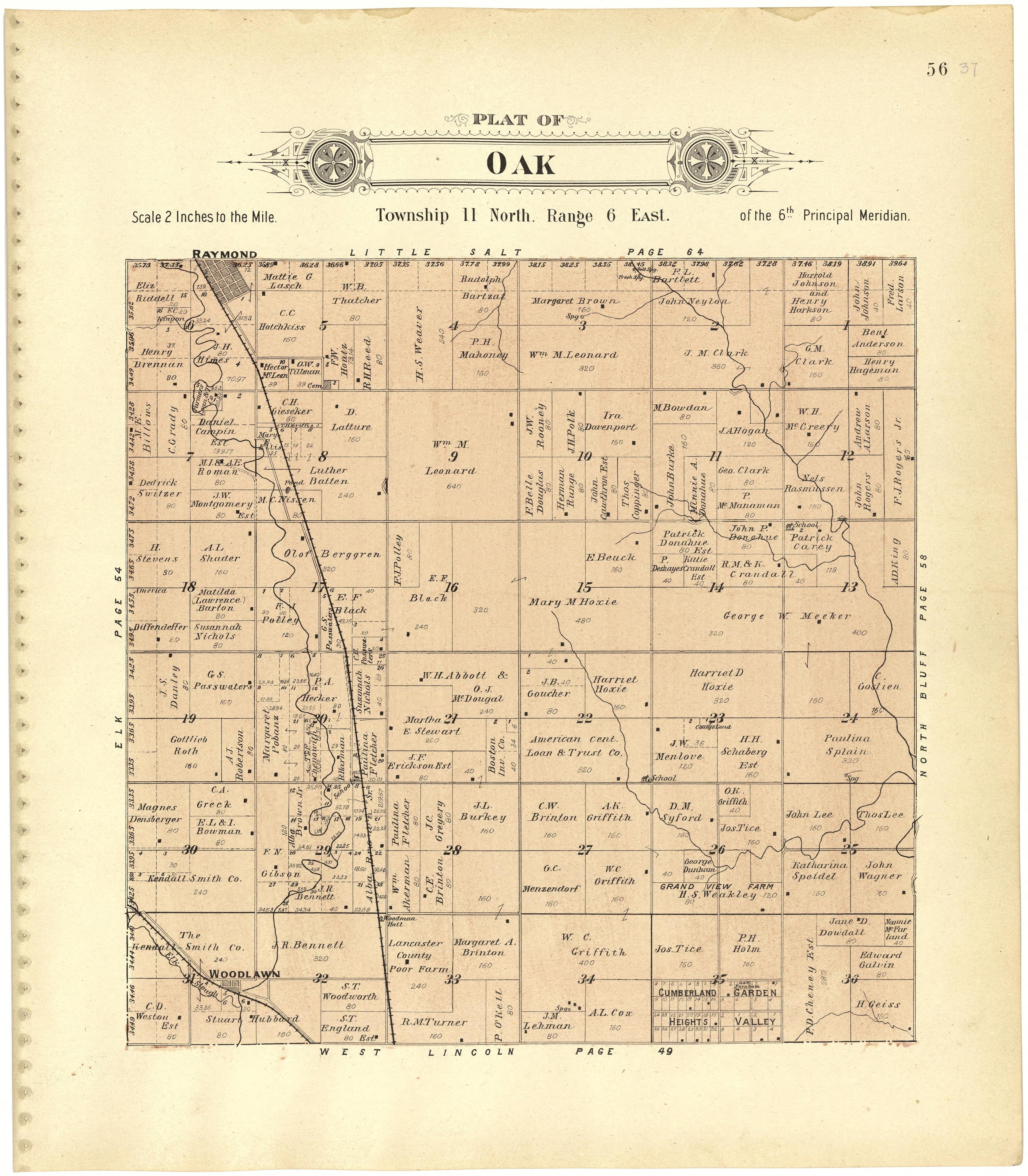 Plat of Oak from Plat Book of Lancaster County, Nebraska : Containing Carefully Prepared Township Plats, Village Plats, Analysis of U.S. Land System, Leading Farmers Directory, Reminiscences of Old Settlers : Illustrated 1903 by Relic Map Company