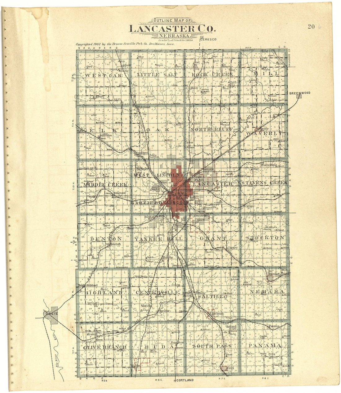 This old map of Lancaster County, Nebraska, was created by Scoville Publishing Company in 1903