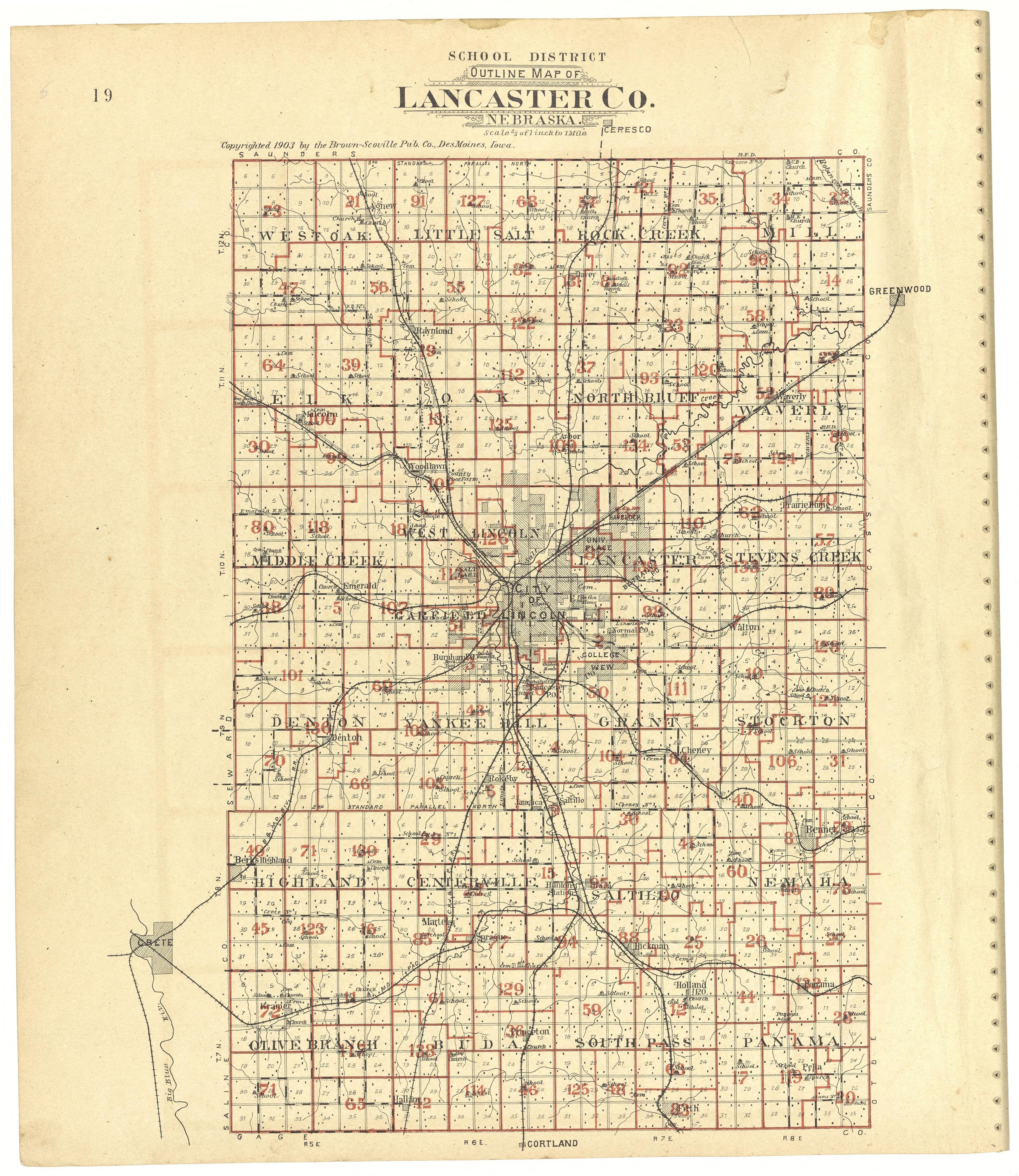 This old map of Lancaster County, Nebraska, was created by Scoville Publishing Company in 1903