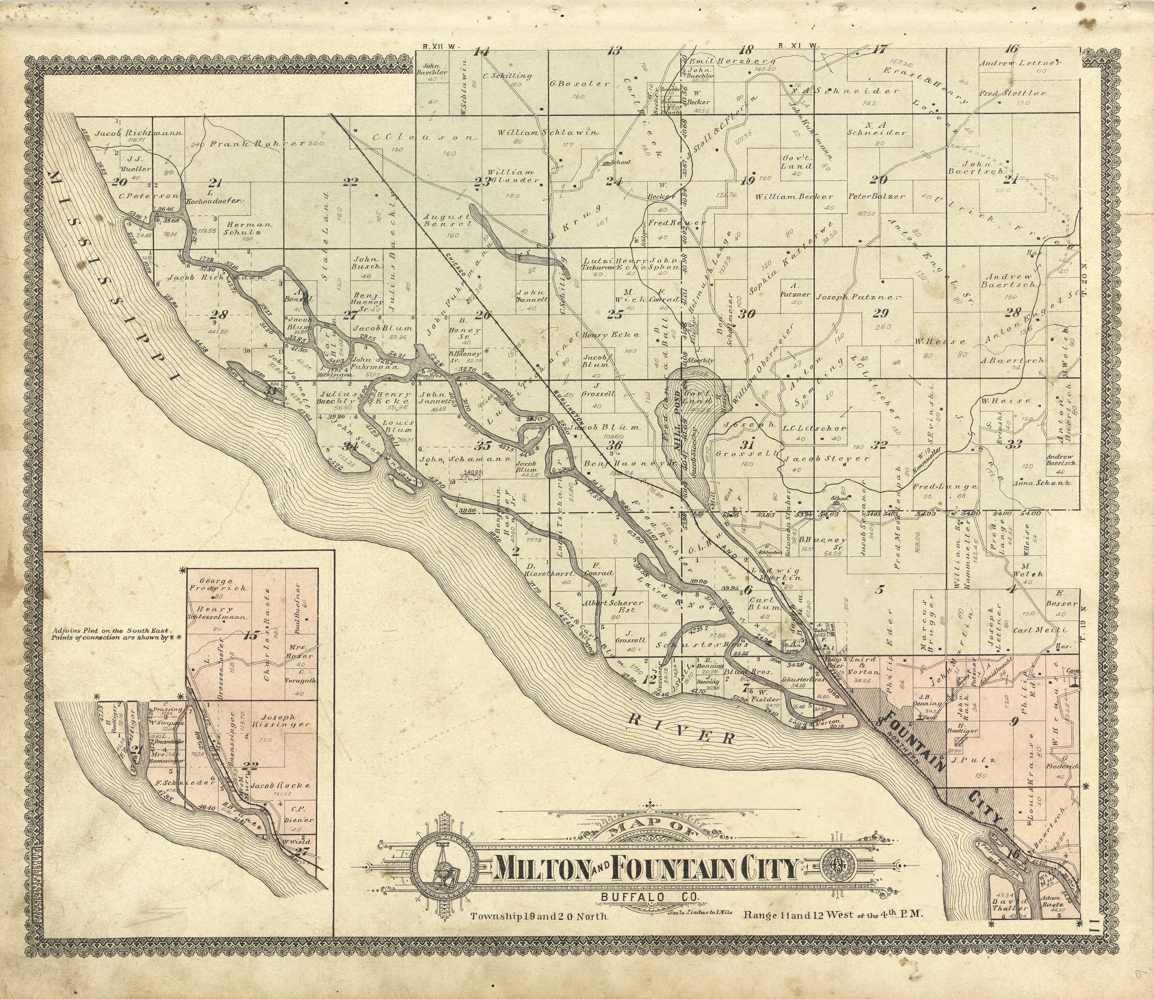 Map of Milton and Fountain City Buffalo County from Standard Atlas of Buffalo and Pepin Counties, Wisconsin : Including a Plat Book of the Villages, Cities and Townships of the County, Map of the State, United States and World : Farmers … 1896 by Relic Map Company
