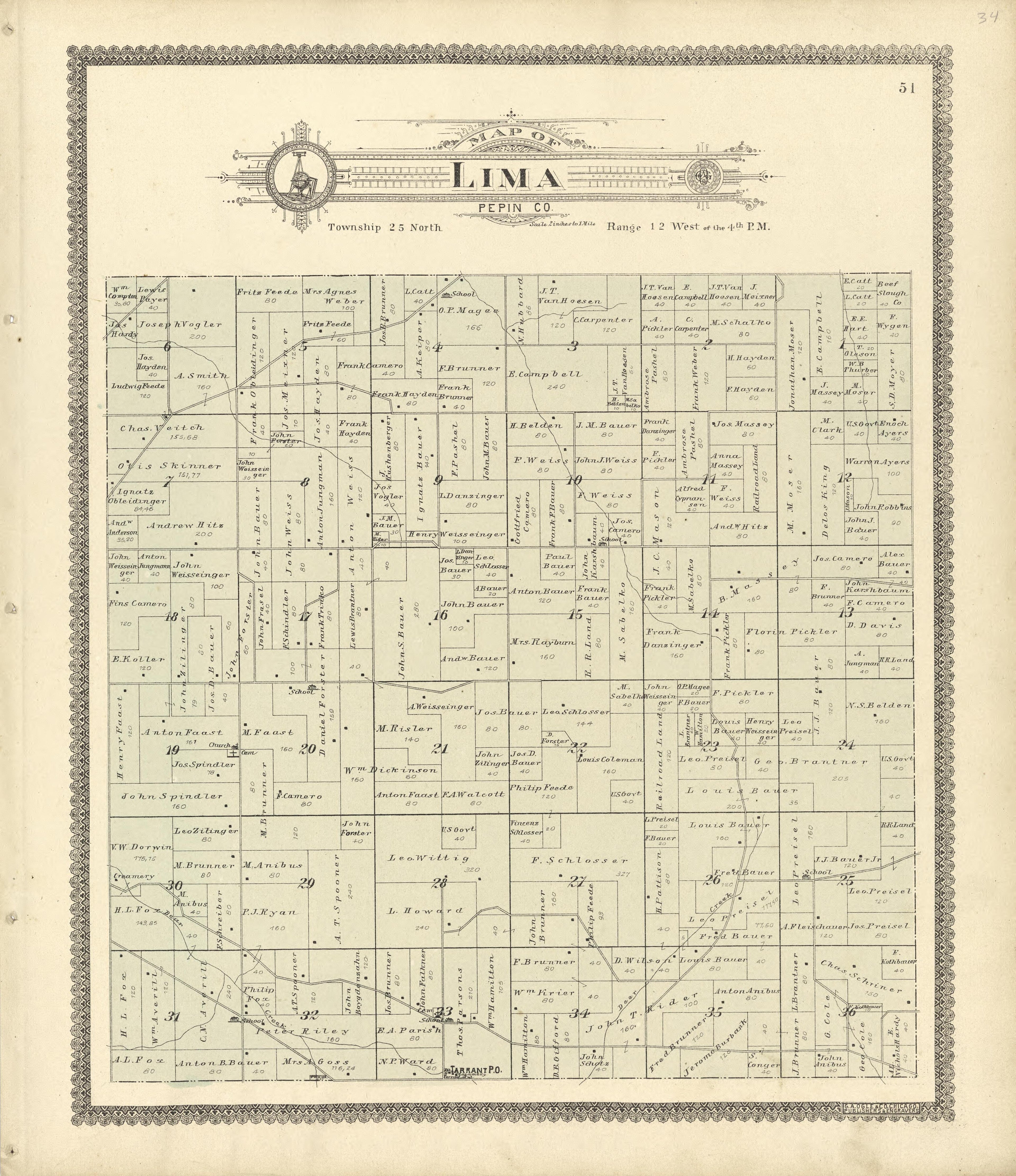 Map of Lima from Standard Atlas of Buffalo and Pepin Counties, Wisconsin : Including a Plat Book of the Villages, Cities and Townships of the County, Map of the State, United States and World : Farmers … 1896 by Relic Map Company