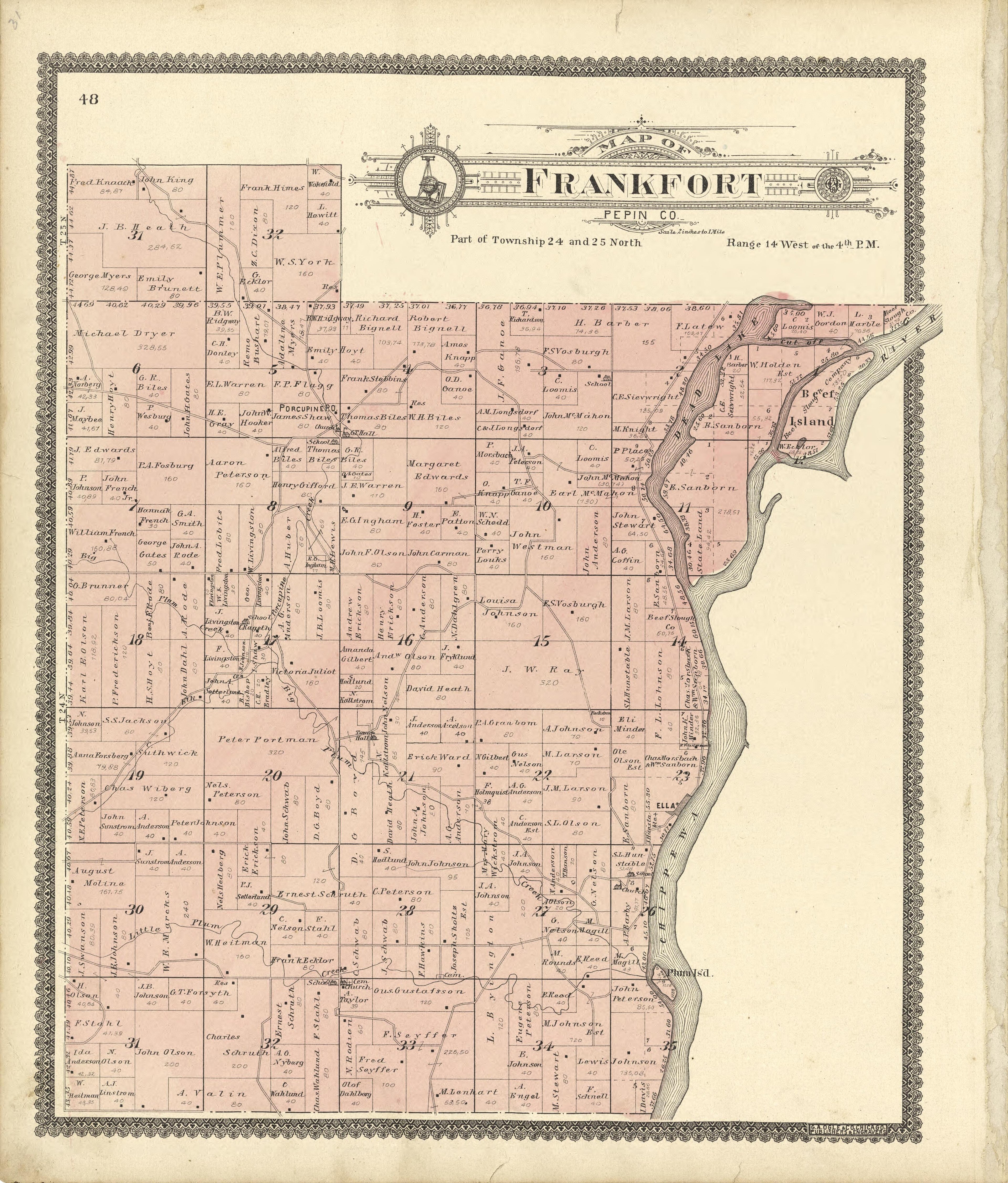 Map of Frankfort Pepin County from Standard Atlas of Buffalo and Pepin Counties, Wisconsin : Including a Plat Book of the Villages, Cities and Townships of the County, Map of the State, United States and World : Farmers … 1896 by Relic Map Company