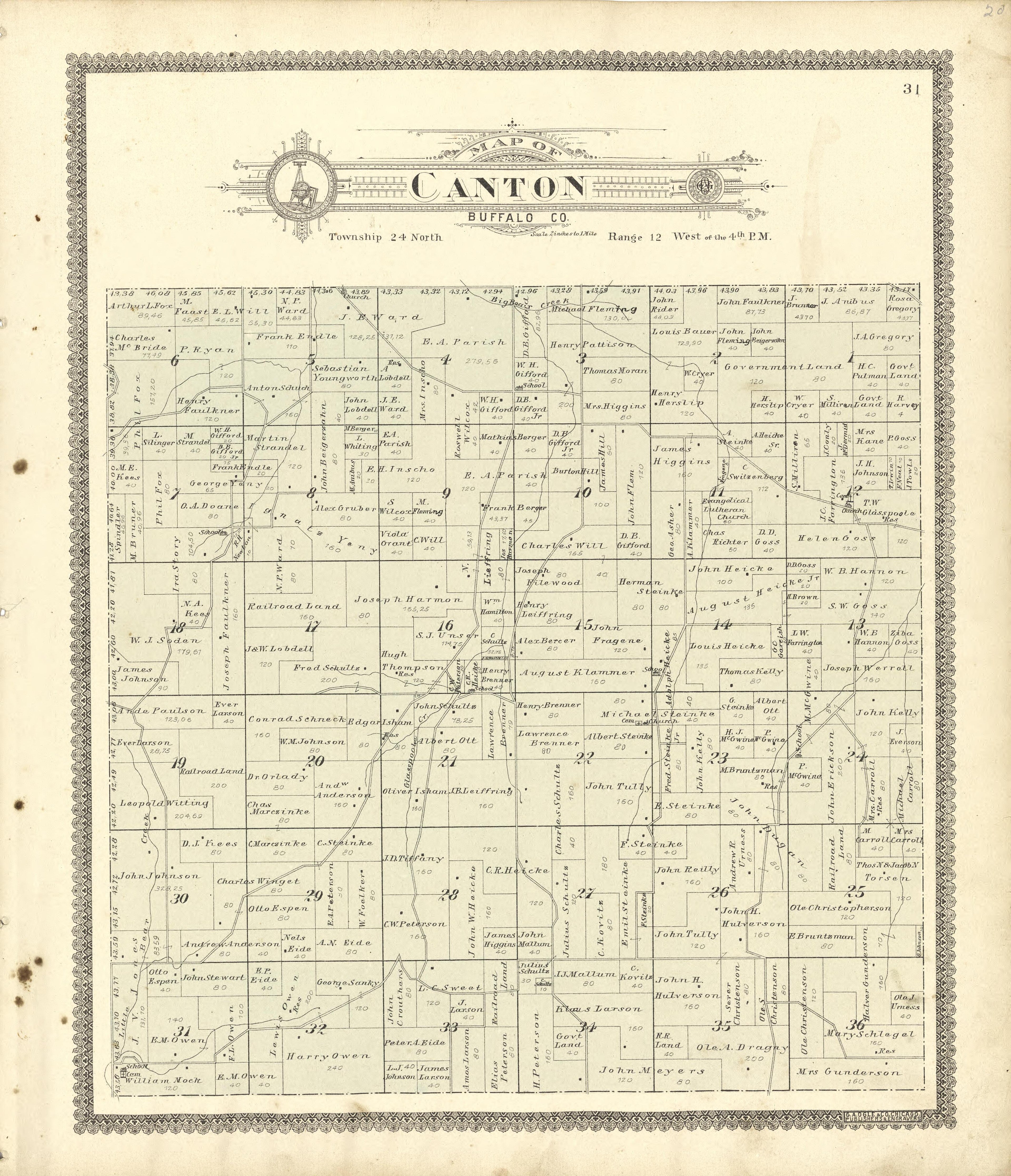 Map of Canton Buffalo County from Standard Atlas of Buffalo and Pepin Counties, Wisconsin : Including a Plat Book of the Villages, Cities and Townships of the County, Map of the State, United States and World : Farmers … 1896 by Relic Map Company
