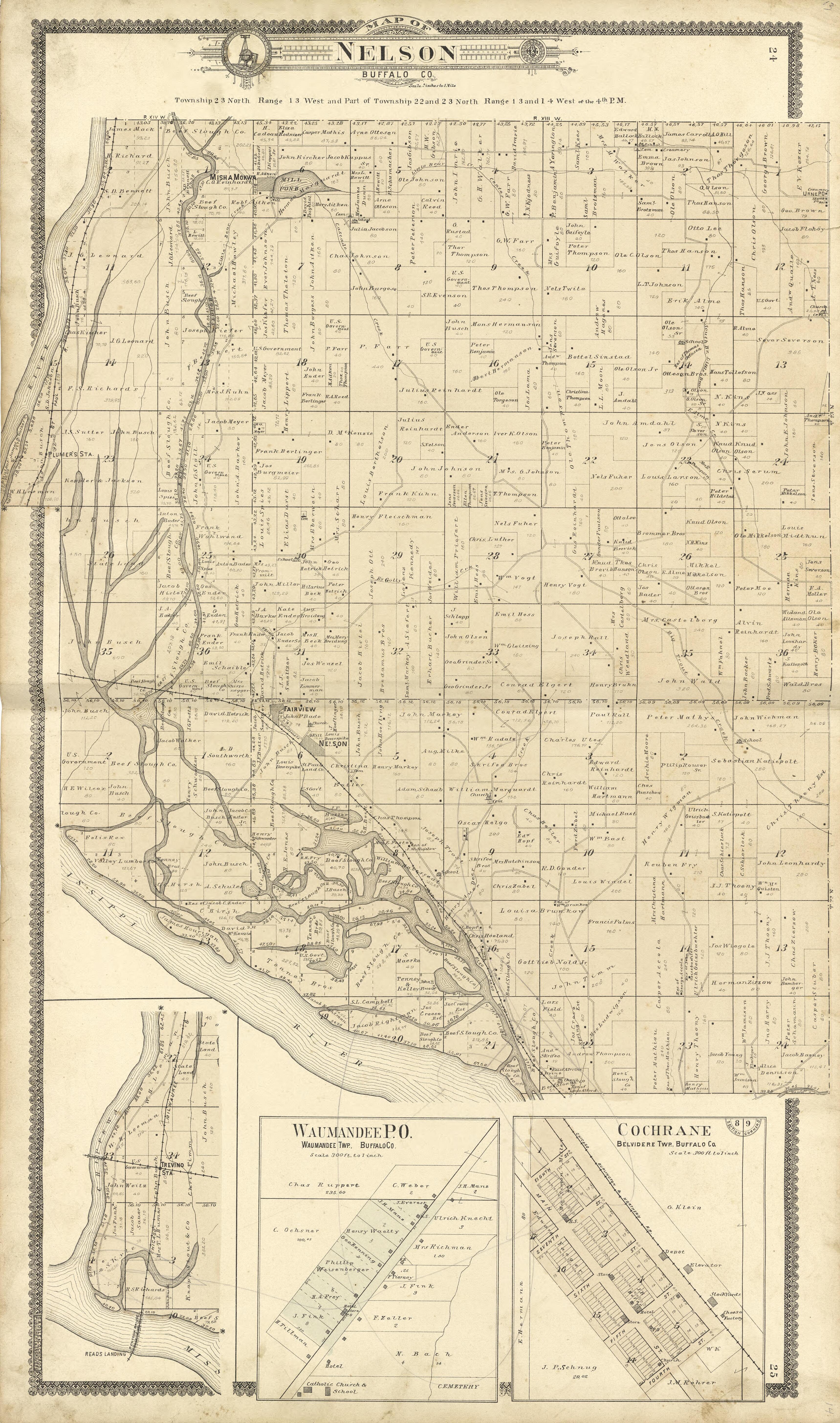 Map of Nelson Buffalo County from Standard Atlas of Buffalo and Pepin Counties, Wisconsin : Including a Plat Book of the Villages, Cities and Townships of the County, Map of the State, United States and World : Farmers … 1896 by Relic Map Company