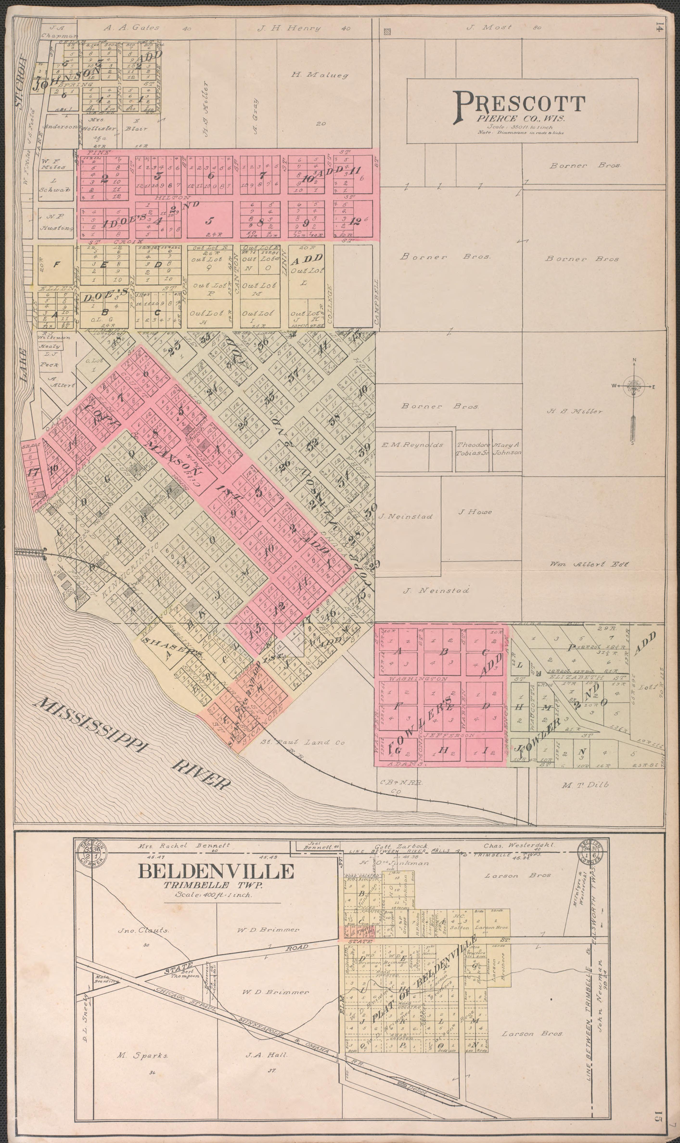 Prescott from Standard Atlas of Pierce County, Wisconsin : Including a Plat Book of the Villages, Cities and Townships of the County, Map of the State, United States and World : Patrons Directory, Reference … 1908 by Relic Map Company