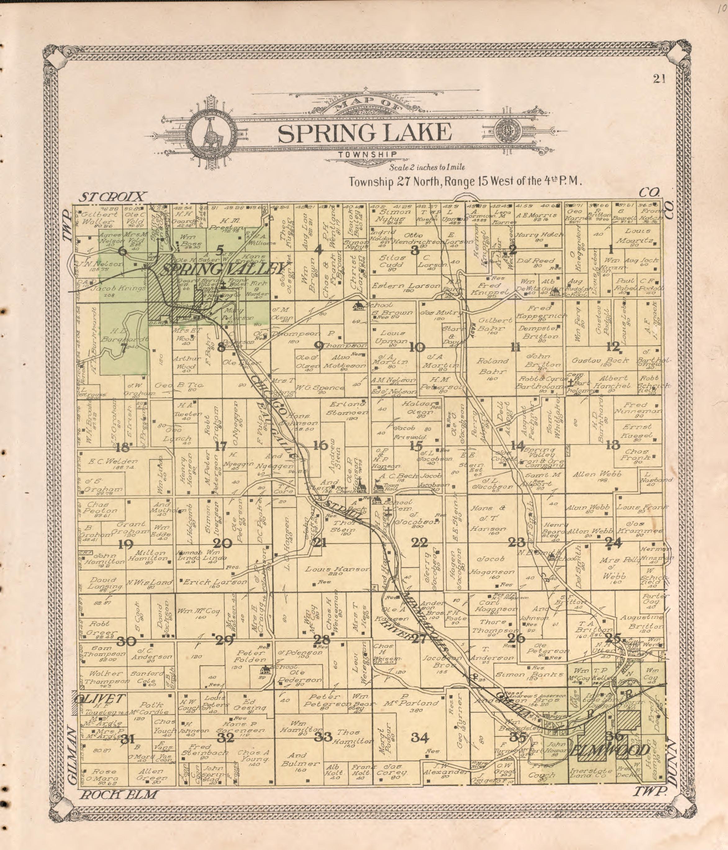Spring Lake from Standard Atlas of Pierce County, Wisconsin : Including a Plat Book of the Villages, Cities and Townships of the County, Map of the State, United States and World : Patrons Directory, Reference … 1908 by Relic Map Company