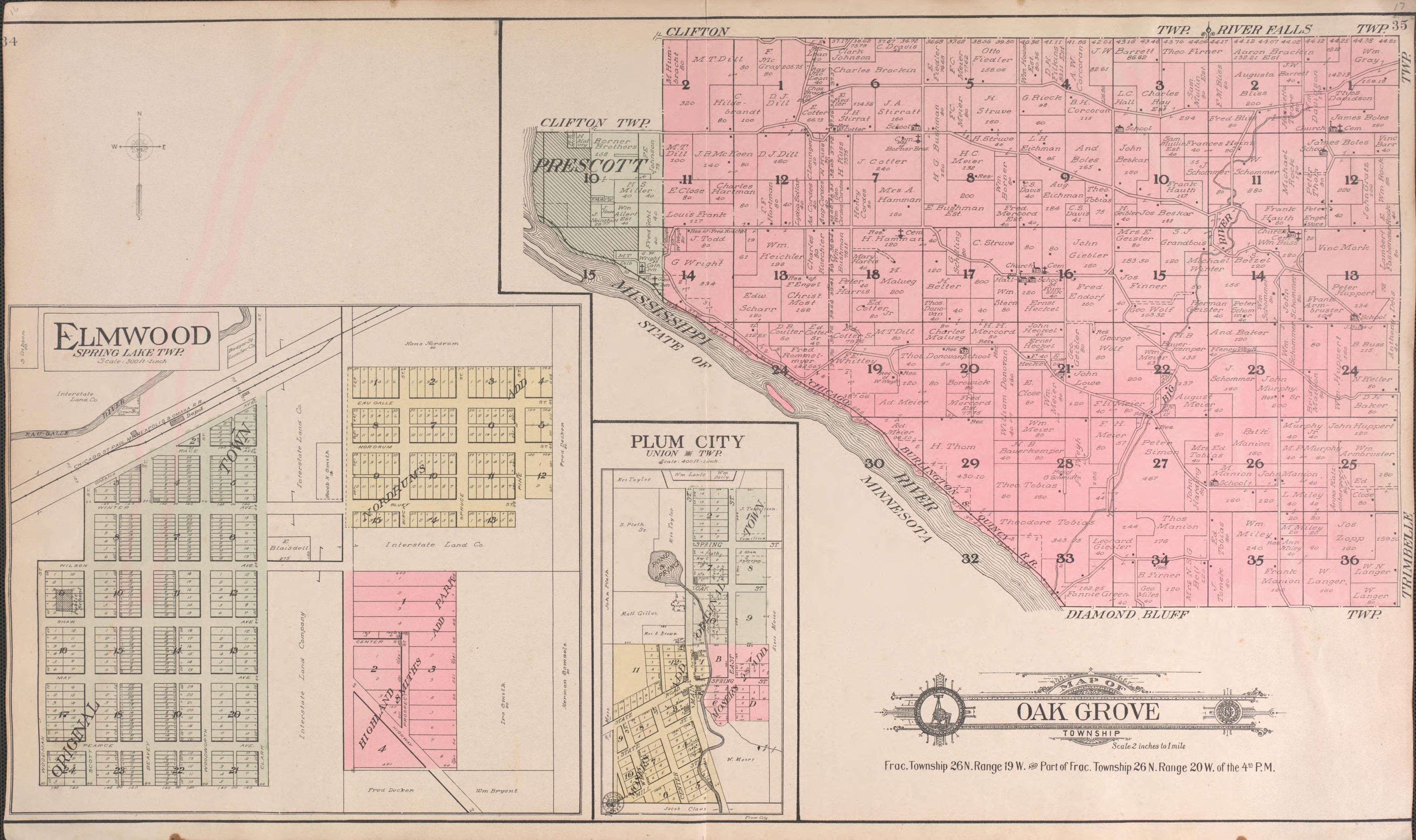 Oak Grove from Standard Atlas of Pierce County, Wisconsin : Including a Plat Book of the Villages, Cities and Townships of the County, Map of the State, United States and World : Patrons Directory, Reference … 1908 by Relic Map Company