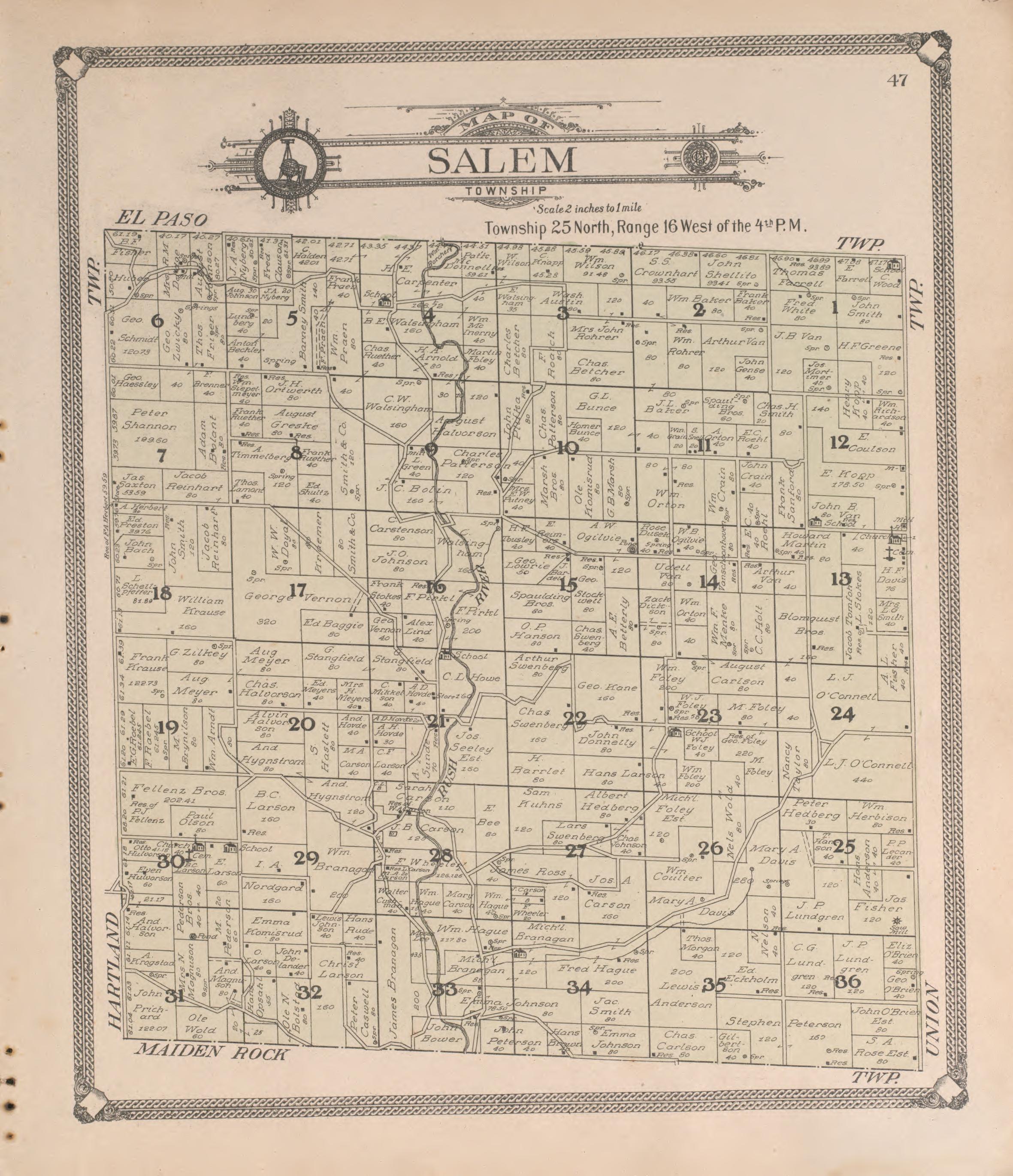 Salem from Standard Atlas of Pierce County, Wisconsin : Including a Plat Book of the Villages, Cities and Townships of the County, Map of the State, United States and World : Patrons Directory, Reference … 1908 by Relic Map Company