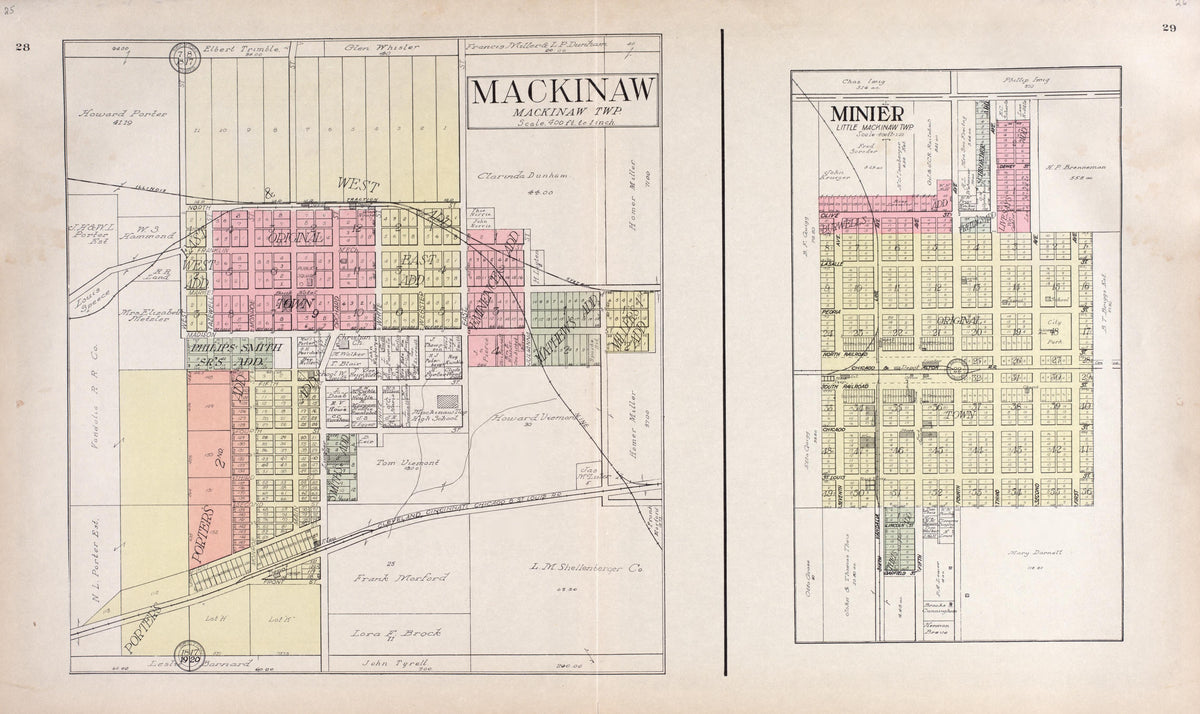 Mackinaw, Minier from Standard Atlas of Tazewell County, Illinois : Including a Plat Book of the Villages, Cities and Townships of the County, Map of the State, United States and World : Patrons Directory, Reference … 1929 by Relic Map Company