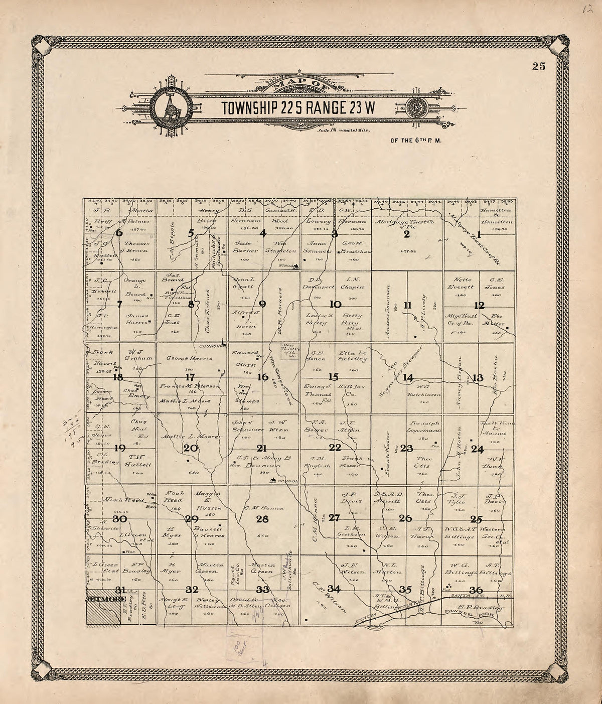 Map of Township 22 S Range 23 W from Standard Atlas of Hodgeman County, Kansas : Including a Plat Book of the Villages, Cities and Townships of the County, Map of the State, United States and World, Patrons Directory, Reference Business … 1907 by Relic Map Company