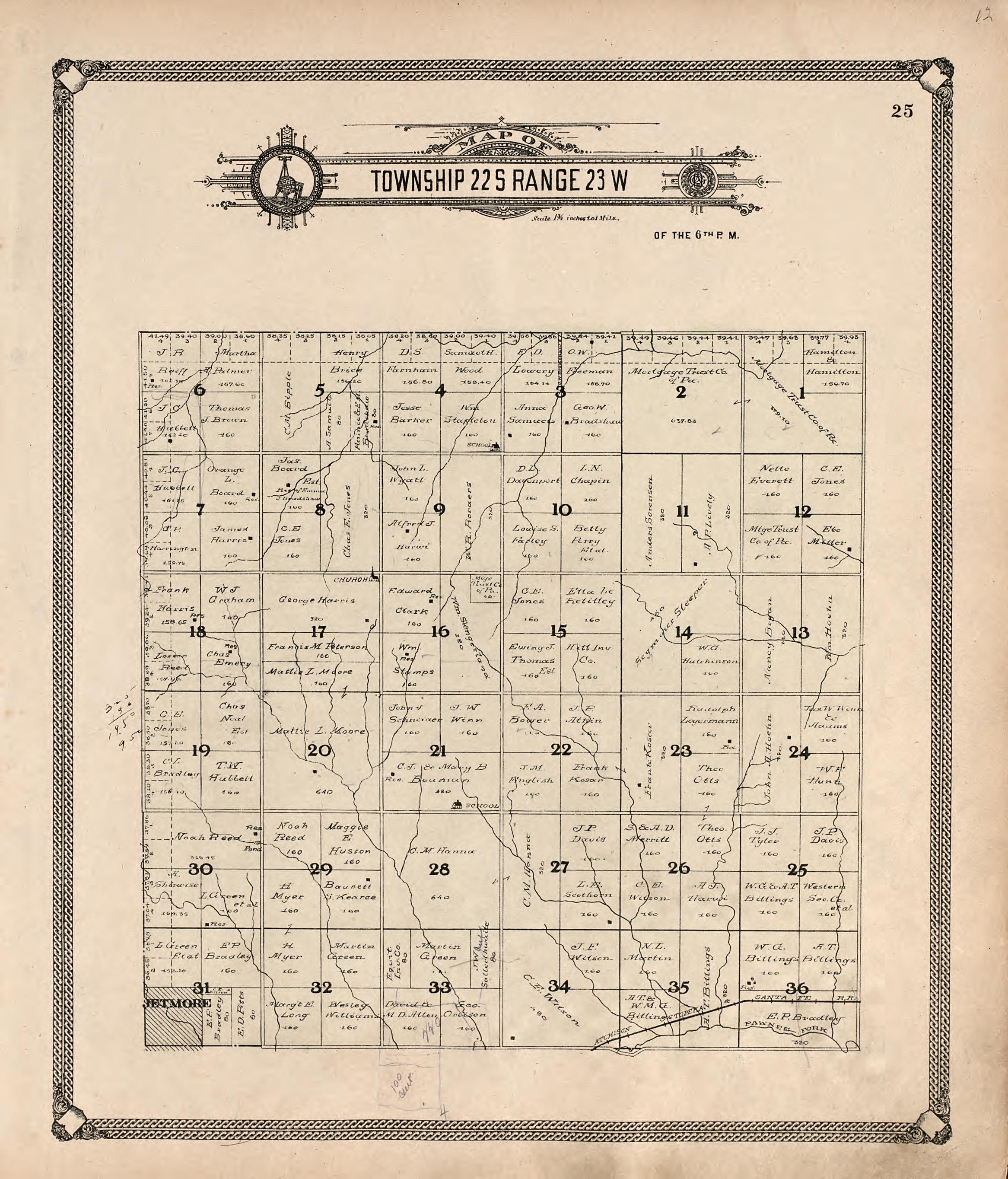 Map of Township 22 S Range 23 W from Standard Atlas of Hodgeman County, Kansas : Including a Plat Book of the Villages, Cities and Townships of the County, Map of the State, United States and World, Patrons Directory, Reference Business … 1907 by Relic Map Company