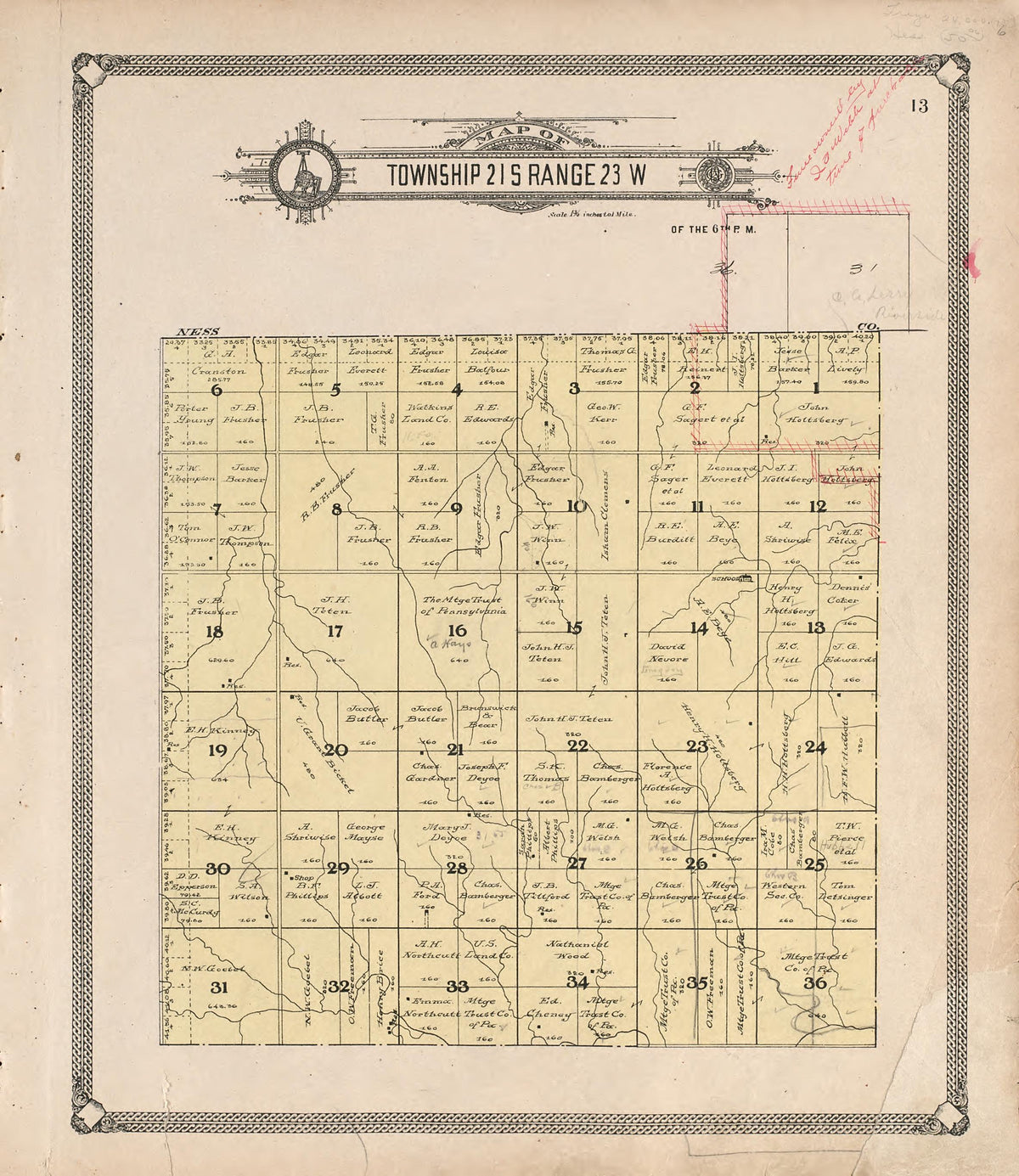 Map of Township 21 S Range 23 W from Standard Atlas of Hodgeman County, Kansas : Including a Plat Book of the Villages, Cities and Townships of the County, Map of the State, United States and World, Patrons Directory, Reference Business … 1907 by Relic Map Company