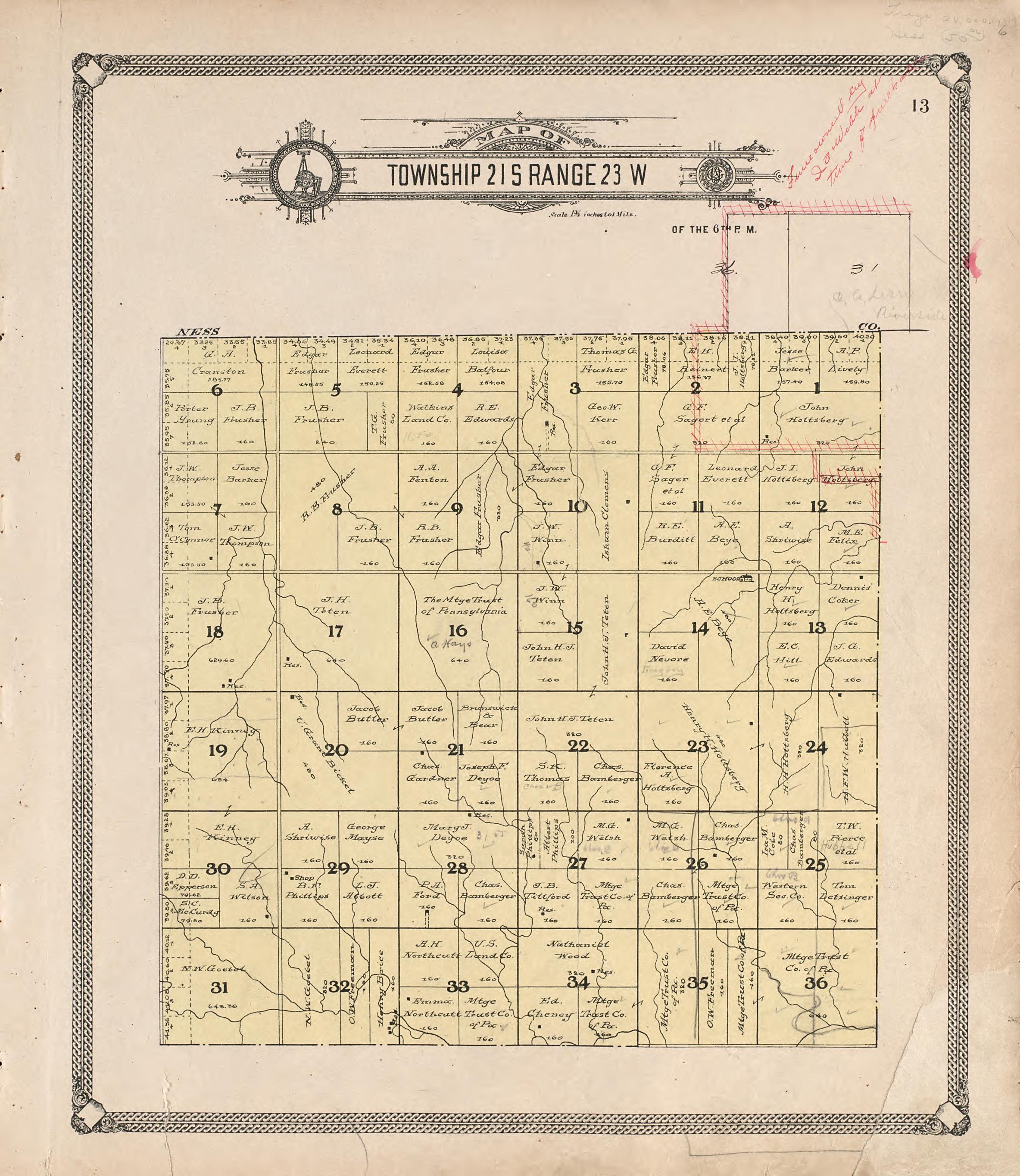 Map of Township 21 S Range 23 W from Standard Atlas of Hodgeman County, Kansas : Including a Plat Book of the Villages, Cities and Townships of the County, Map of the State, United States and World, Patrons Directory, Reference Business … 1907 by Relic Map Company