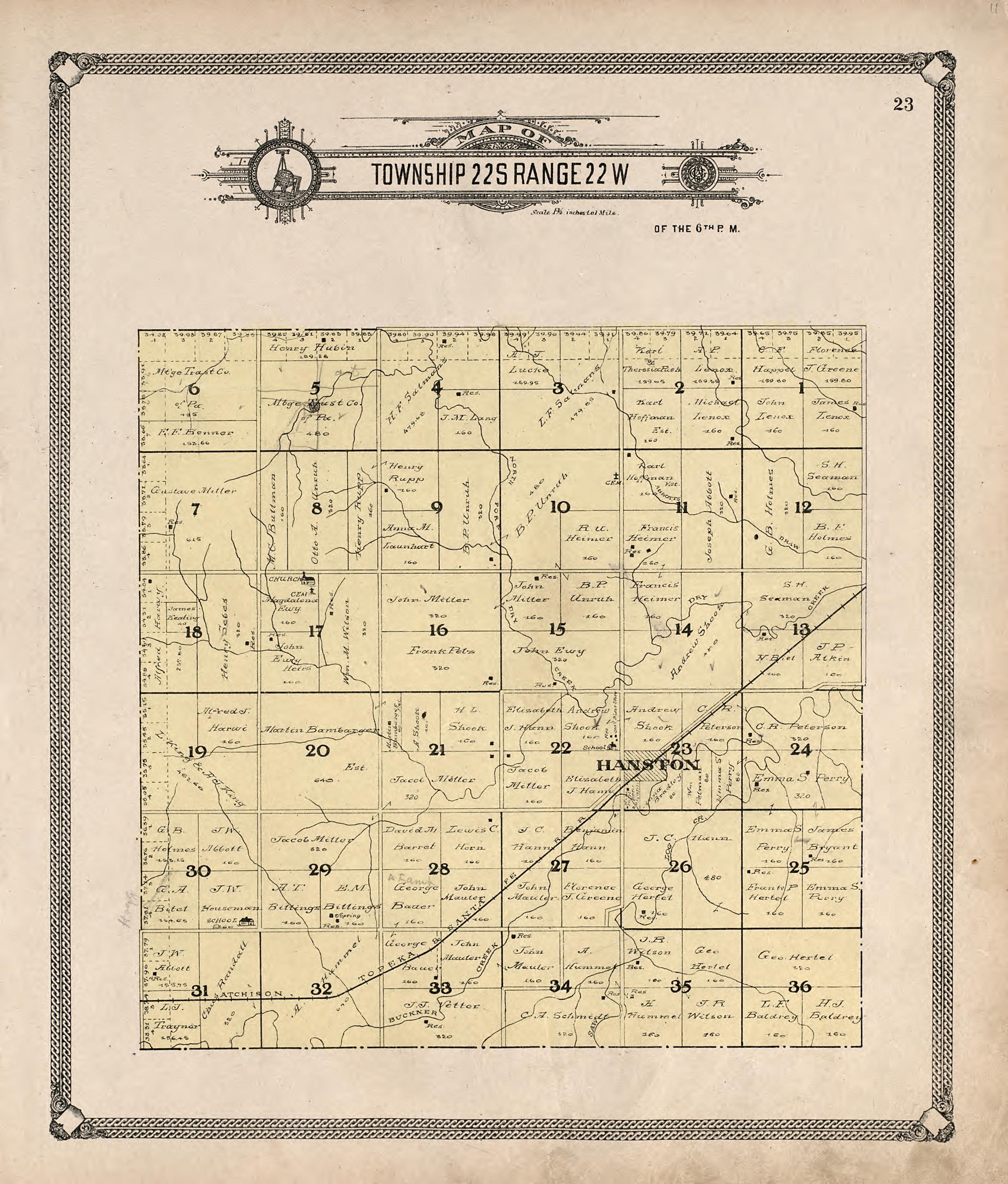 Map of Township 22 S Range 22 W from Standard Atlas of Hodgeman County, Kansas : Including a Plat Book of the Villages, Cities and Townships of the County, Map of the State, United States and World, Patrons Directory, Reference Business … 1907 by Relic Map Company
