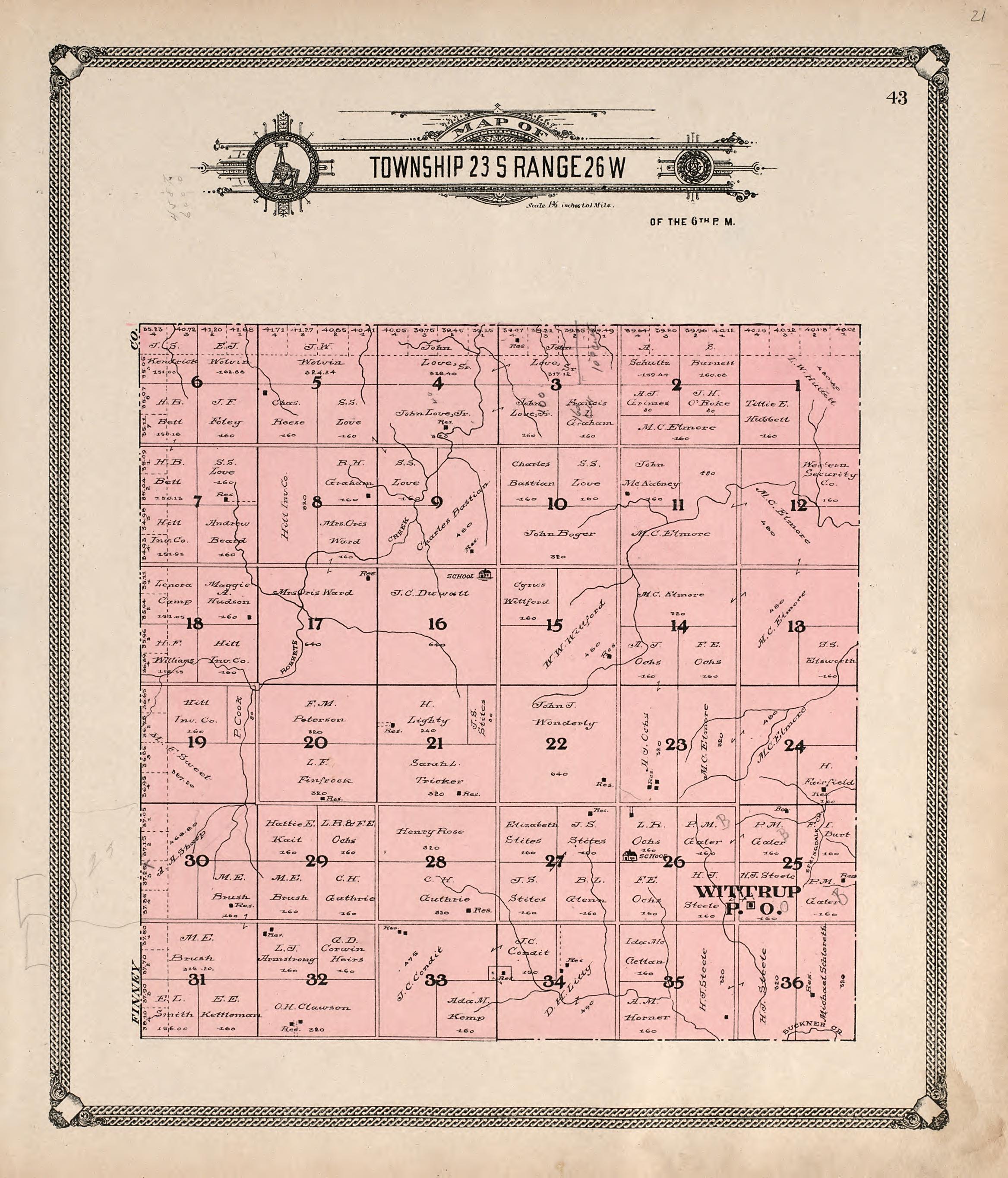 Map of Township 23 S Range 26 W from Standard Atlas of Hodgeman County, Kansas : Including a Plat Book of the Villages, Cities and Townships of the County, Map of the State, United States and World, Patrons Directory, Reference Business … 1907 by Relic Map Company