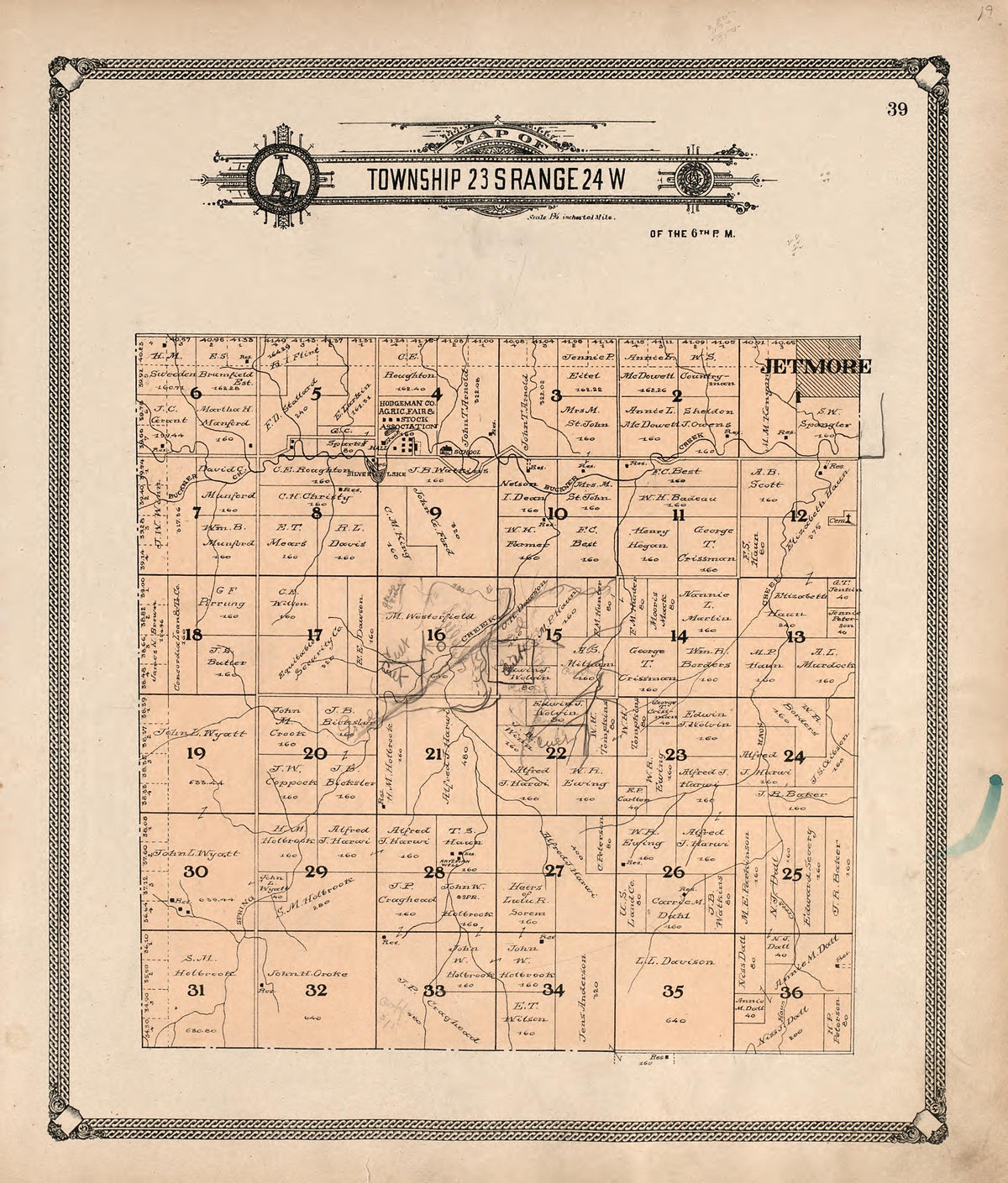 Map of Township 23 S Range 24 W from Standard Atlas of Hodgeman County, Kansas : Including a Plat Book of the Villages, Cities and Townships of the County, Map of the State, United States and World, Patrons Directory, Reference Business … 1907 by Relic Map Company